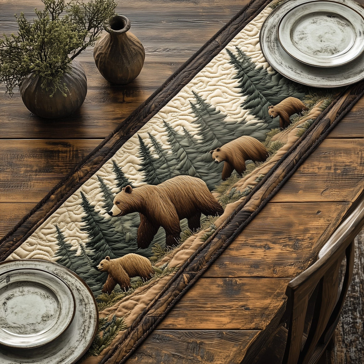 Bears Walking Through Pine Forest Table Runner