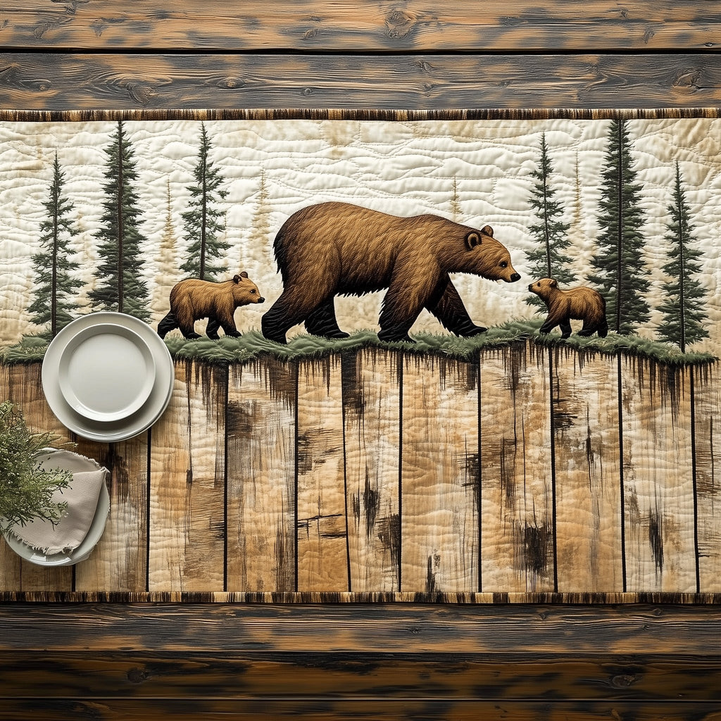 Bear Family Along a Rustic Fence Table Runner
