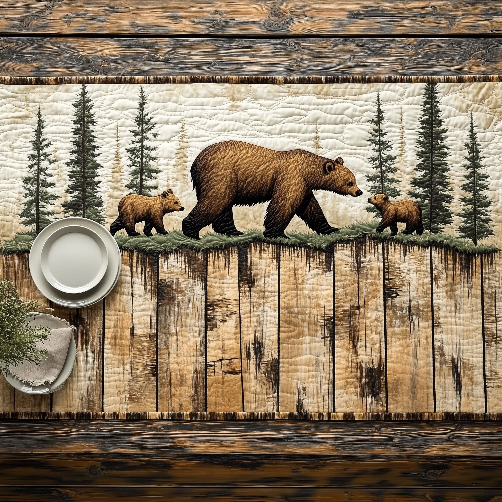 Bear Family Along a Rustic Fence Table Runner