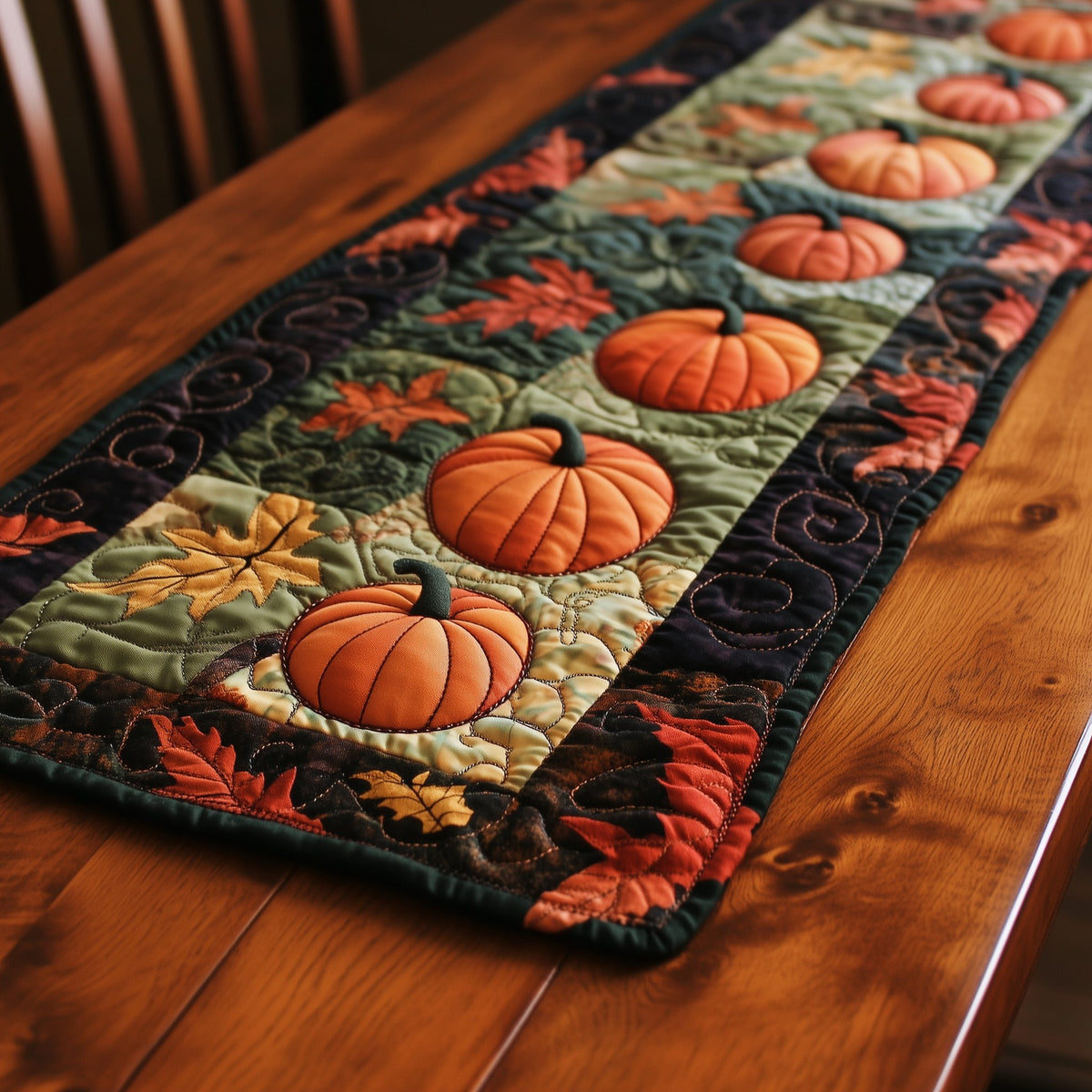 Orange Pumpkins and Red Maple Leaves Table Runner