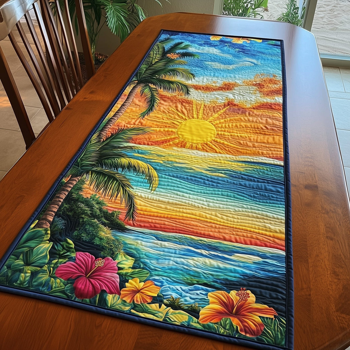 Tropical Sunset with Hibiscus and Palms Table Runner
