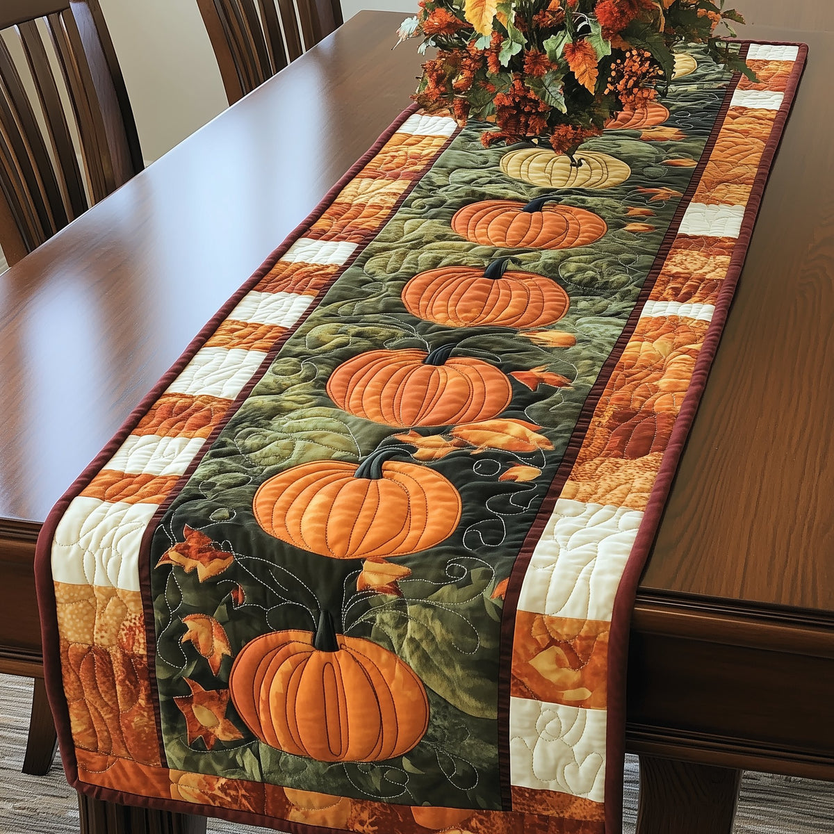 Pumpkin Trio on Forest Green Table Runner