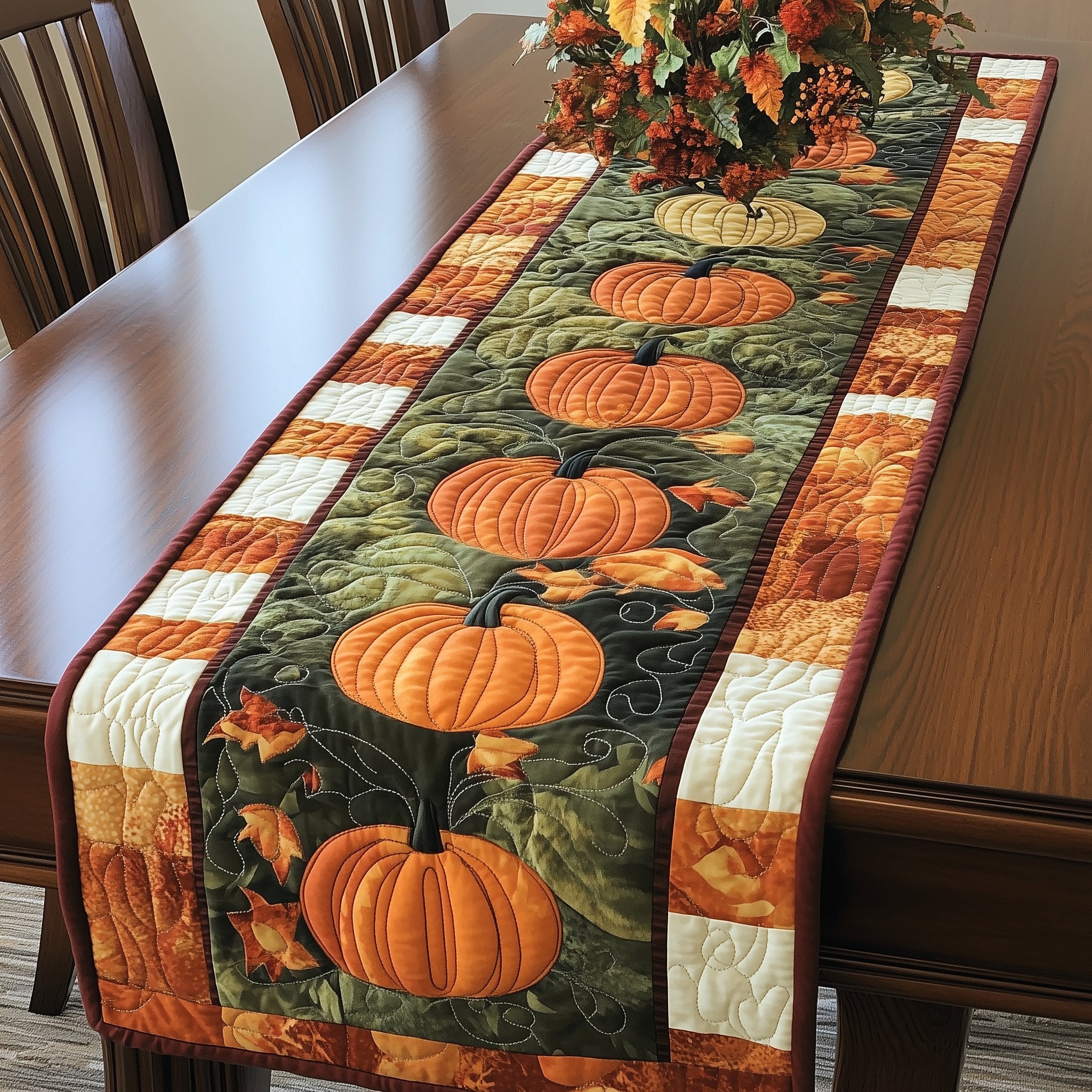 Pumpkin Trio on Forest Green Table Runner