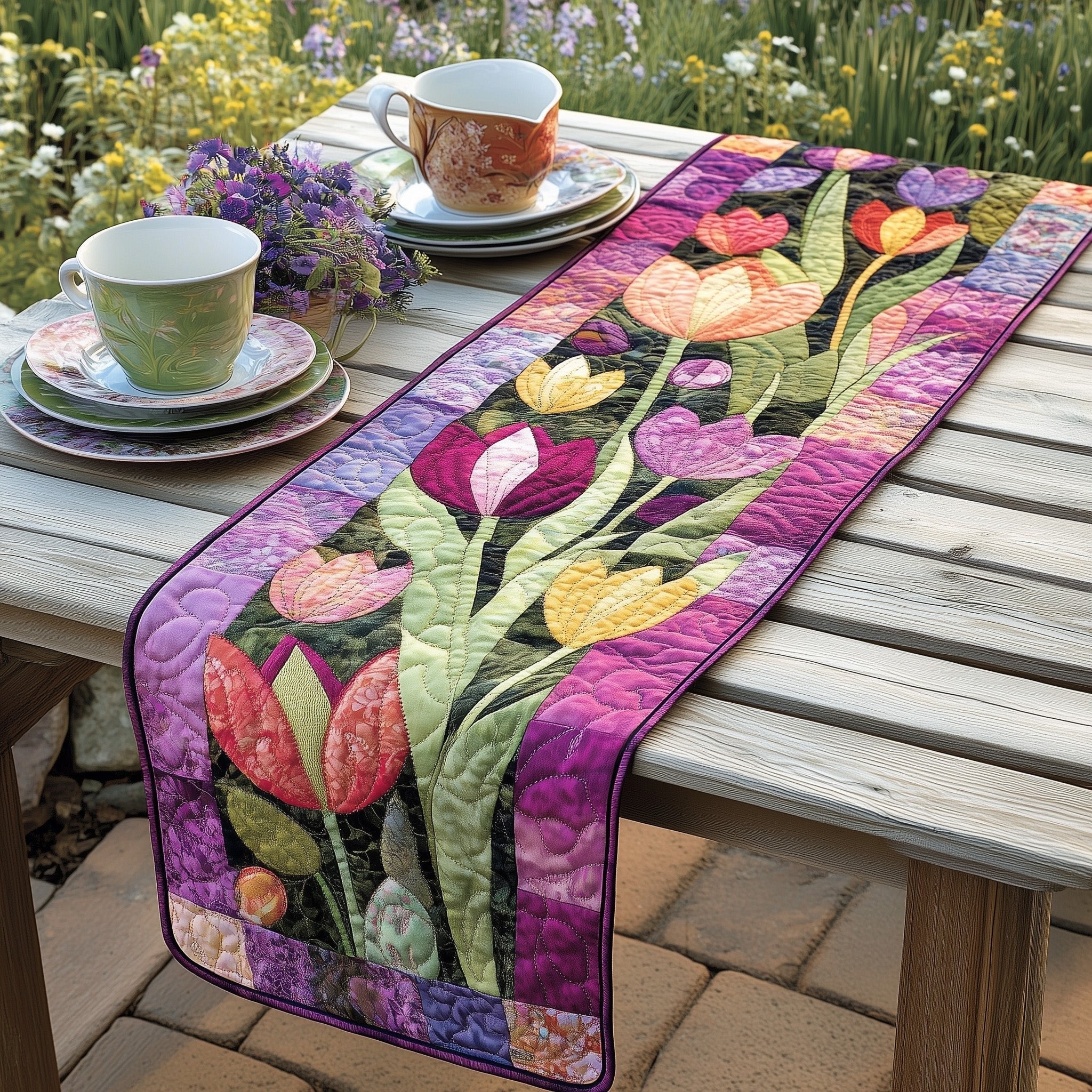 Tulips with Purple and Magenta Border Table Runner