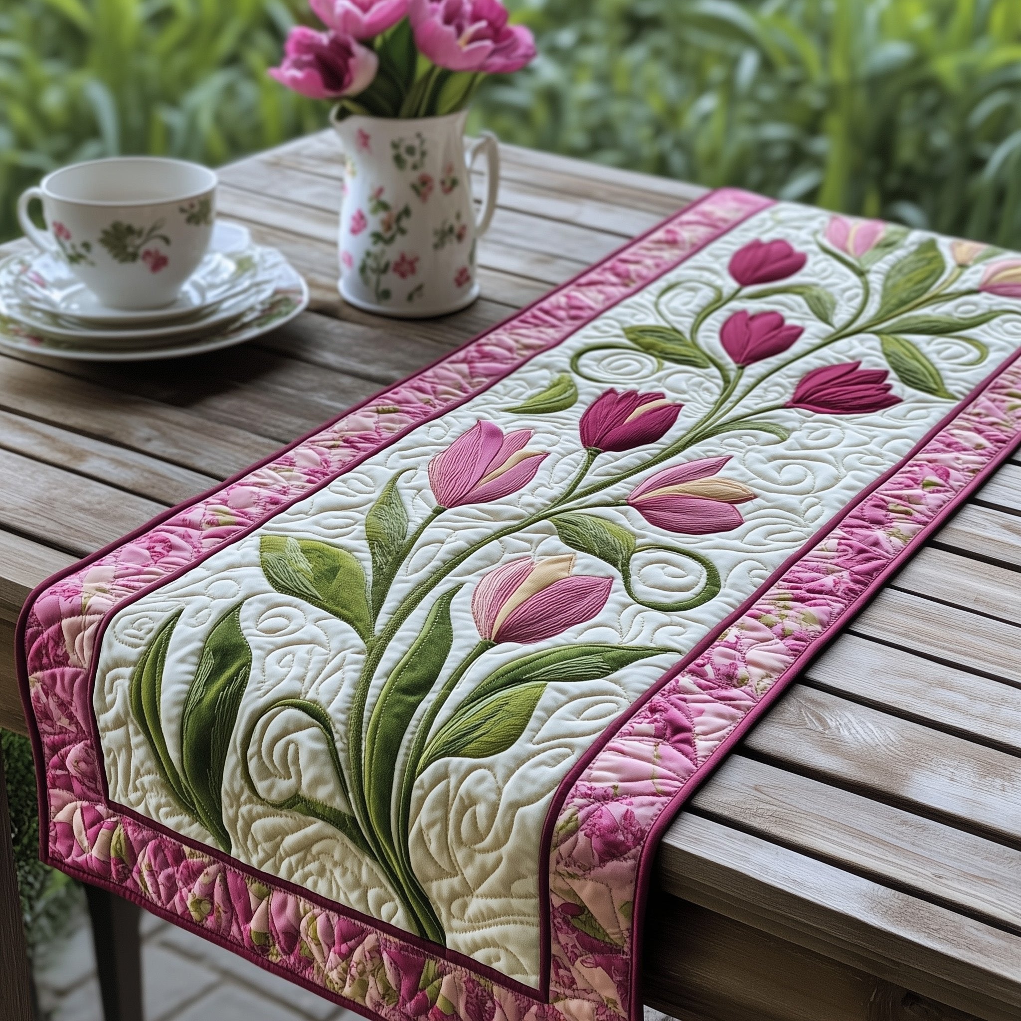 Pink Tulips with Rosy Border Table Runner