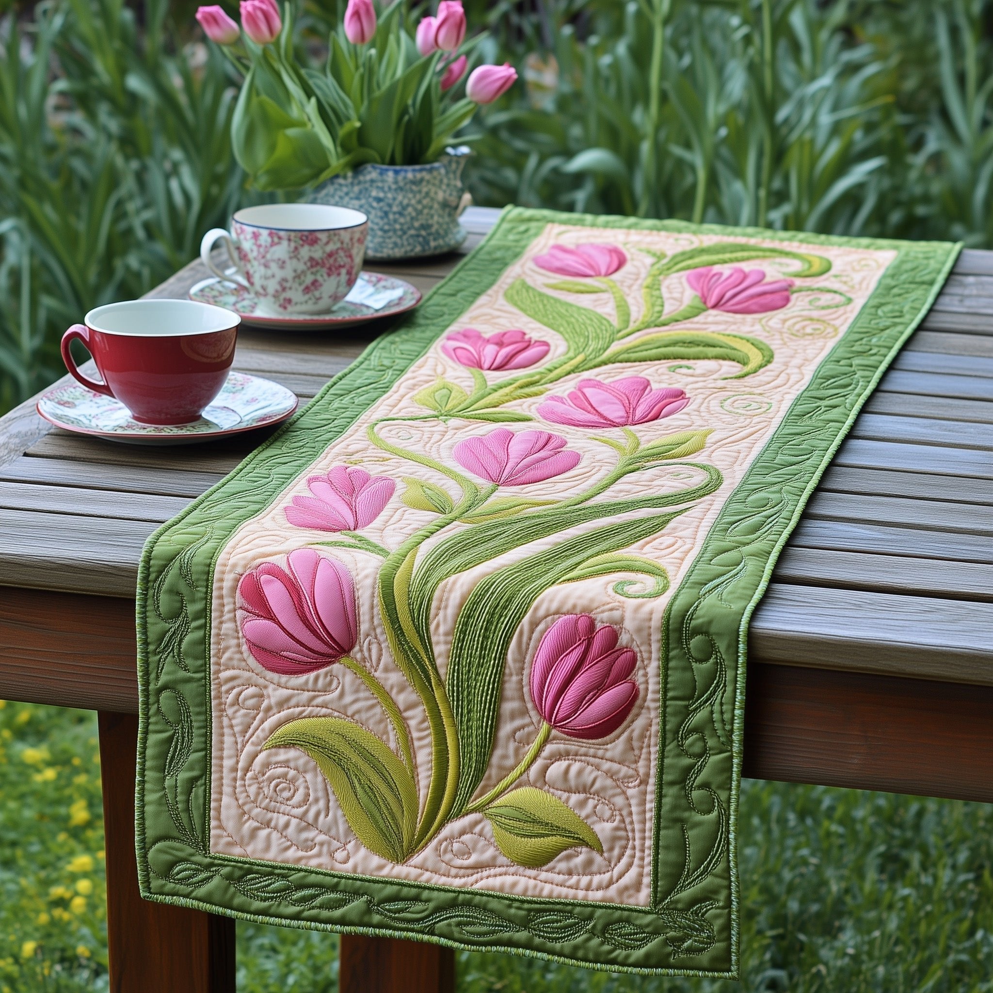 Pink Tulips with Green Border Table Runner