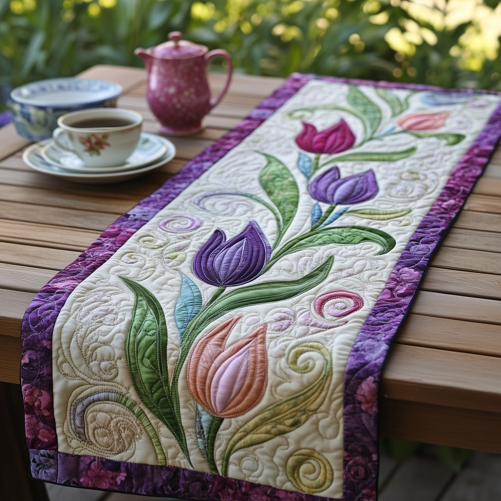 Purple Tulips with Lavender Border Table Runner
