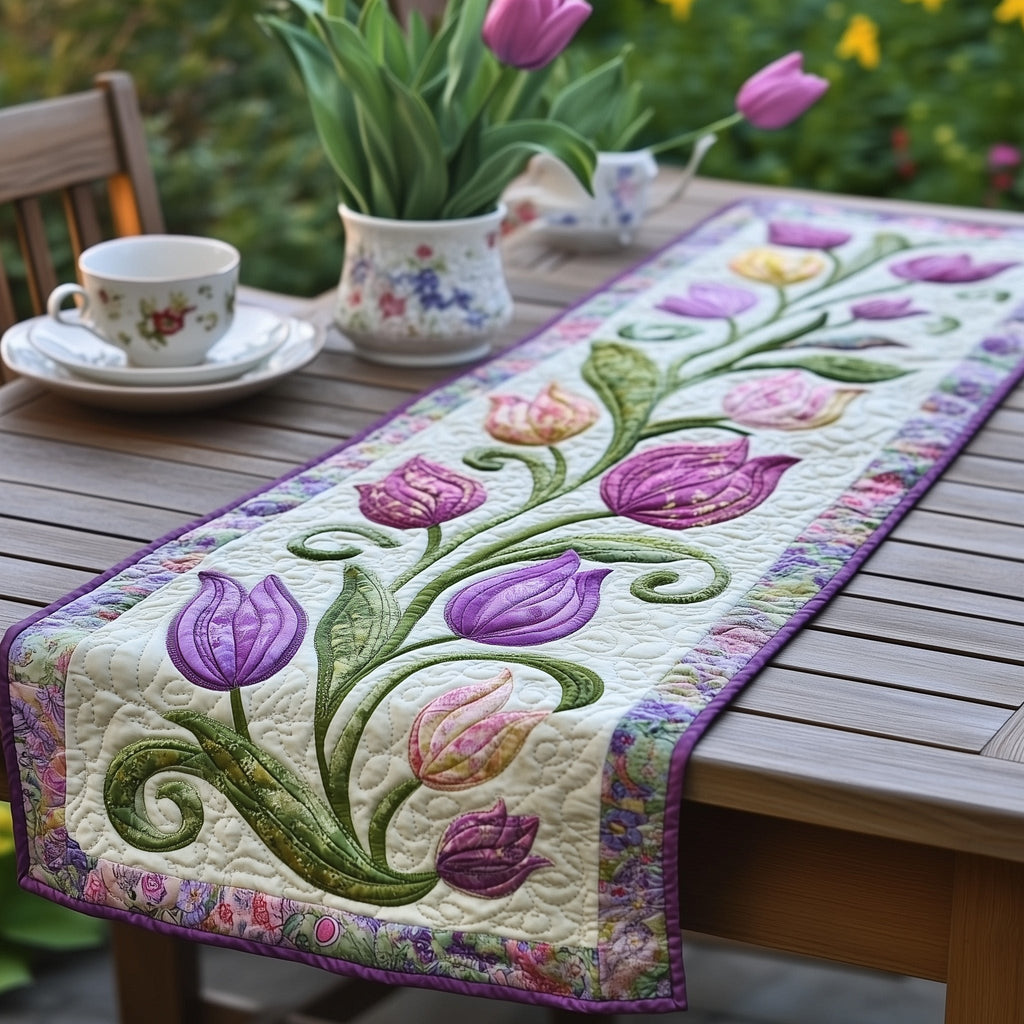 Violet Tulips on Floral Trim Table Runner