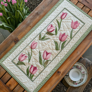 Three Pink Tulips on Cream Table Runner - Made to Order