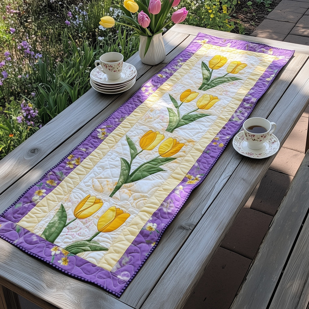 Yellow Tulips with Purple Border Table Runner