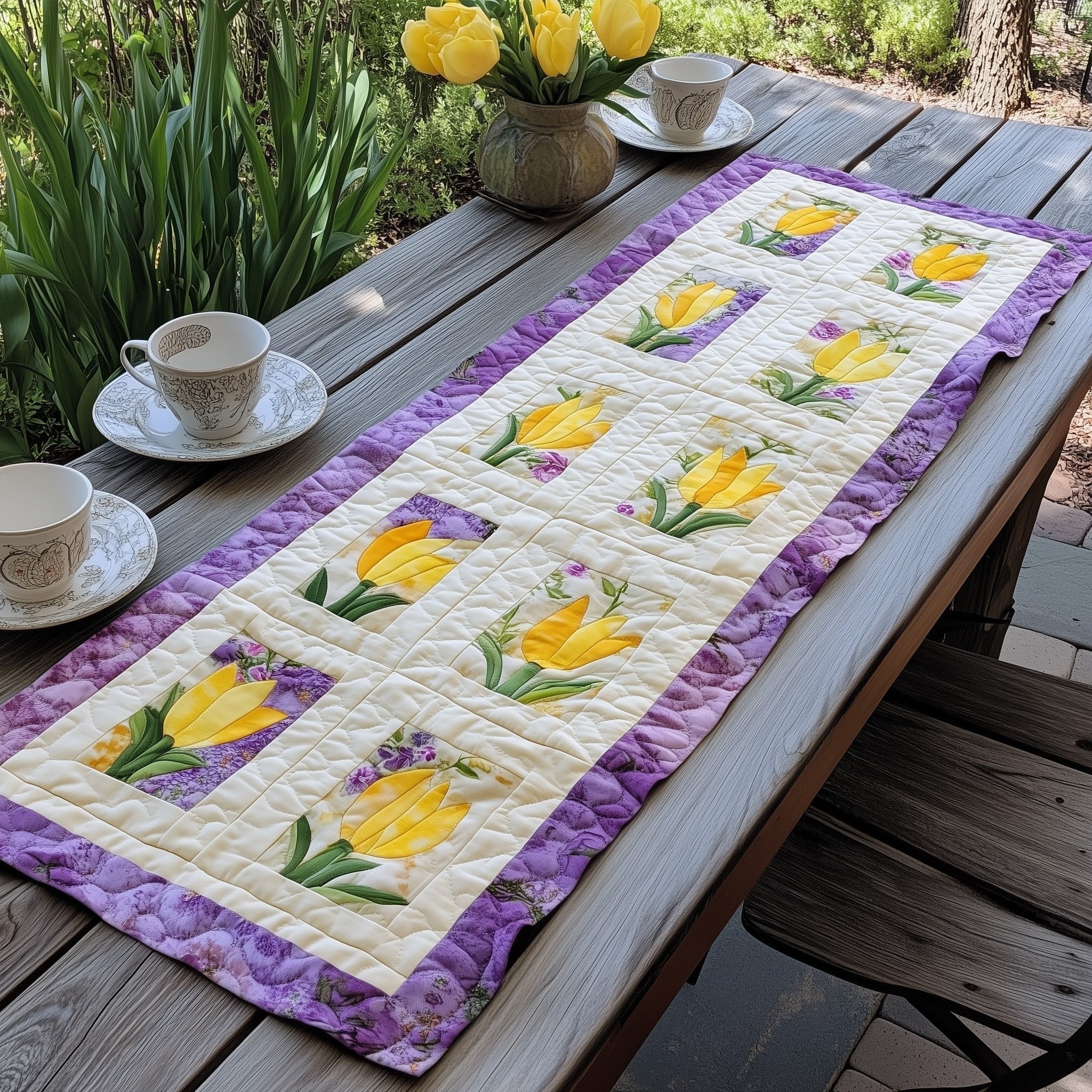 Yellow Tulips in Quilt Squares Table Runner