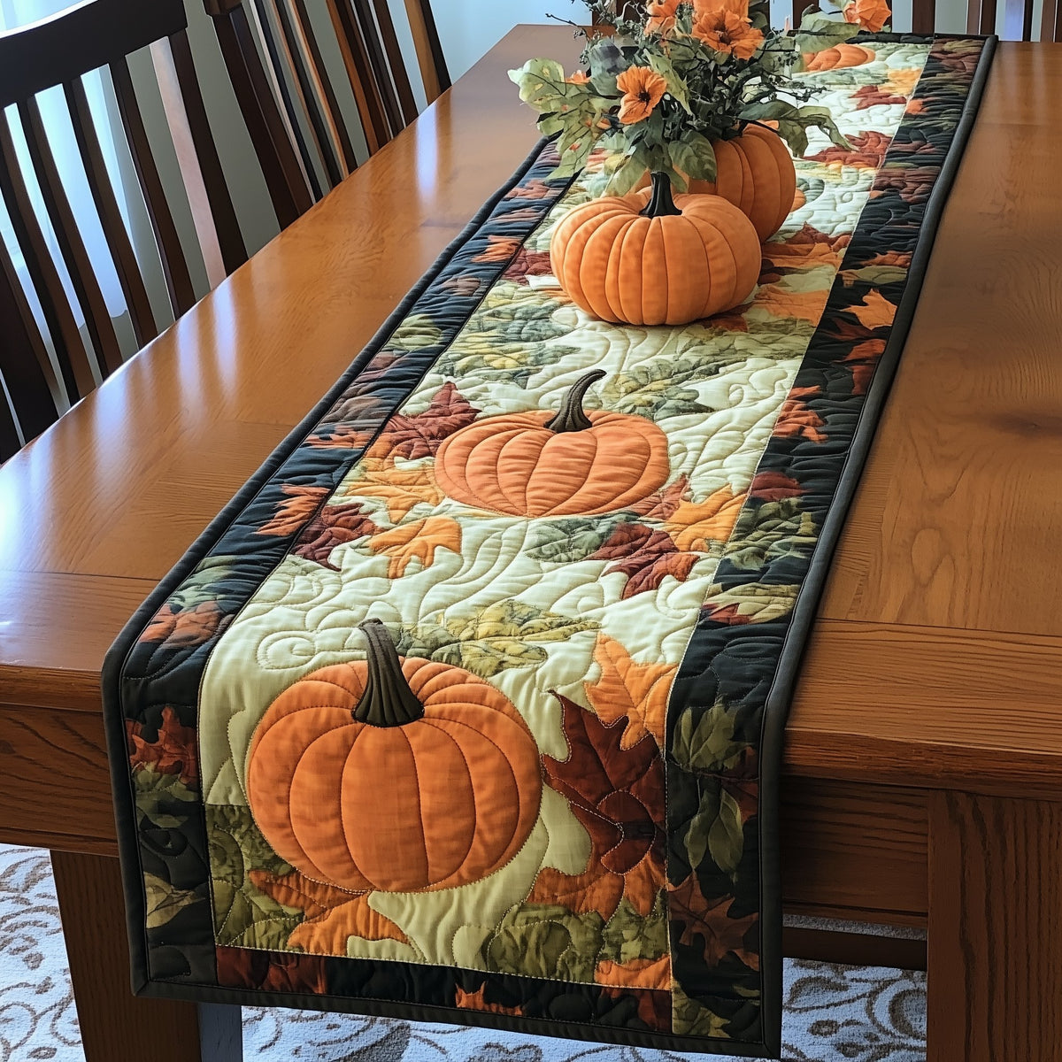 Pumpkins and Pale Gourds on Green Table Runner