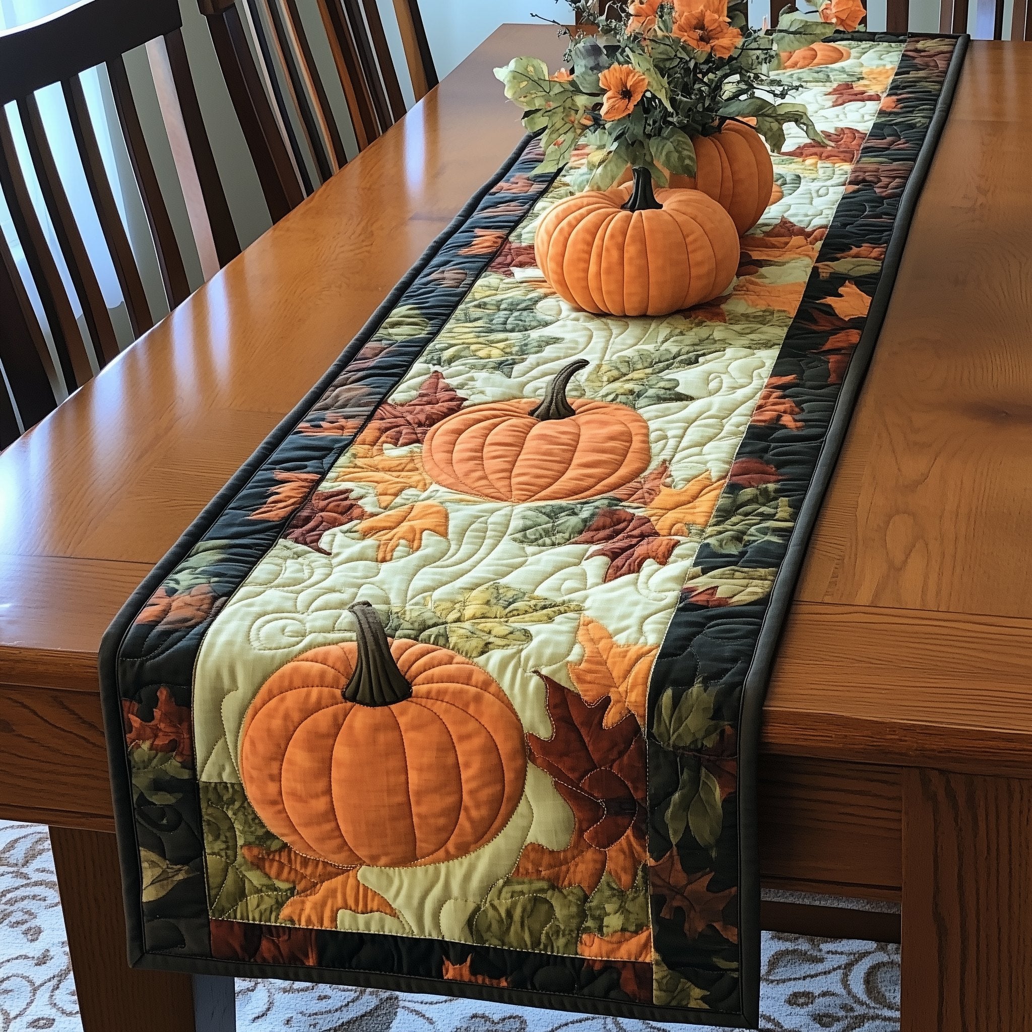 Pumpkins and Pale Gourds on Green Table Runner