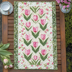 Pink Tulip Rows on Ivory Table Runner
