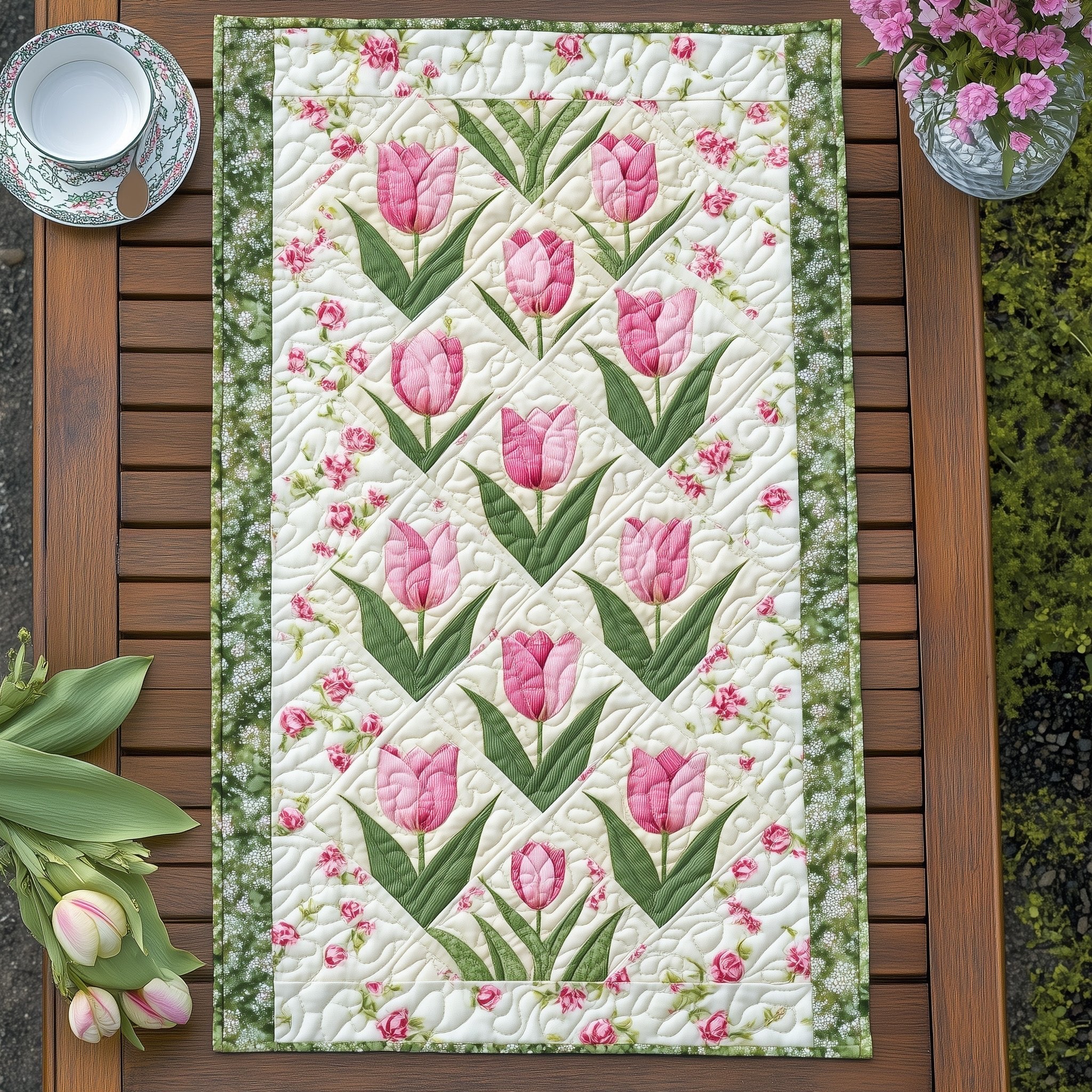 Pink Tulip Rows on Ivory Table Runner