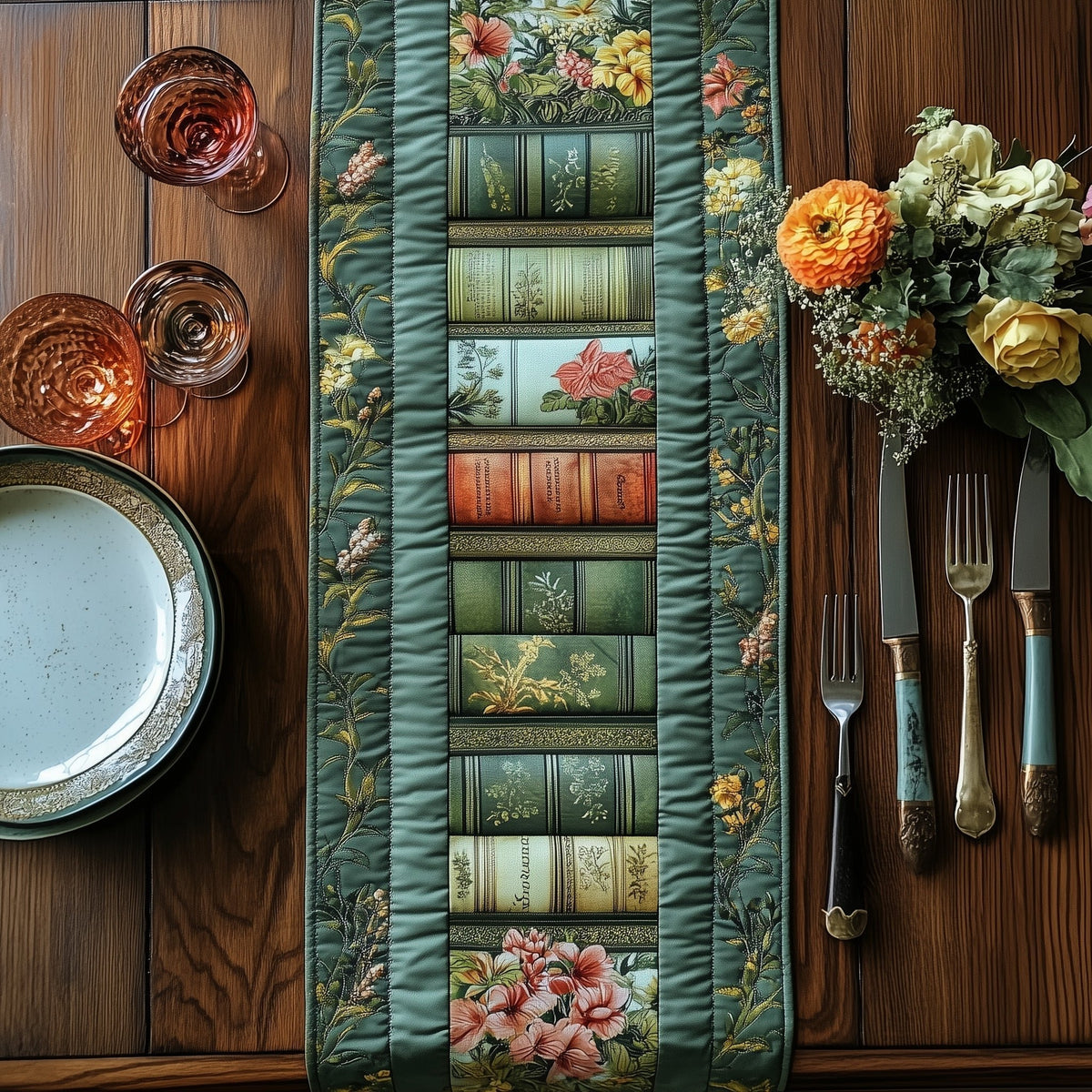 Green and Red Book Spines Table Runner