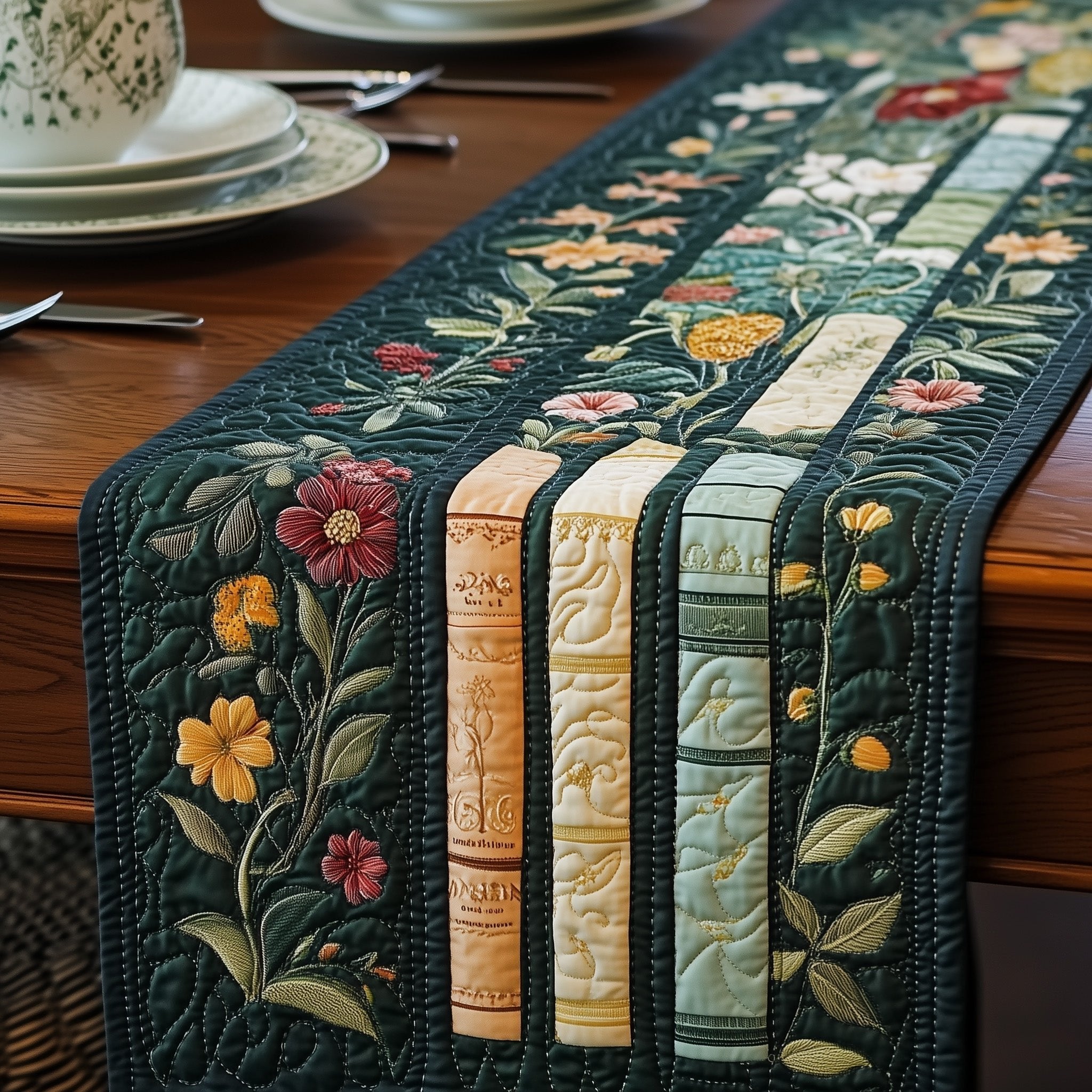 Book Spines and Flowers on Green Table Runner
