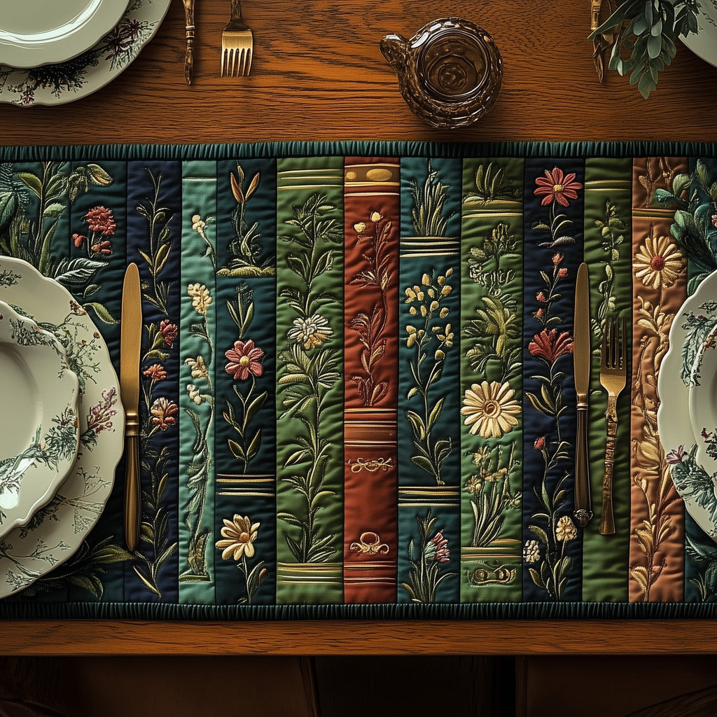 Wildflower Book Spines on Forest Green Table Runner