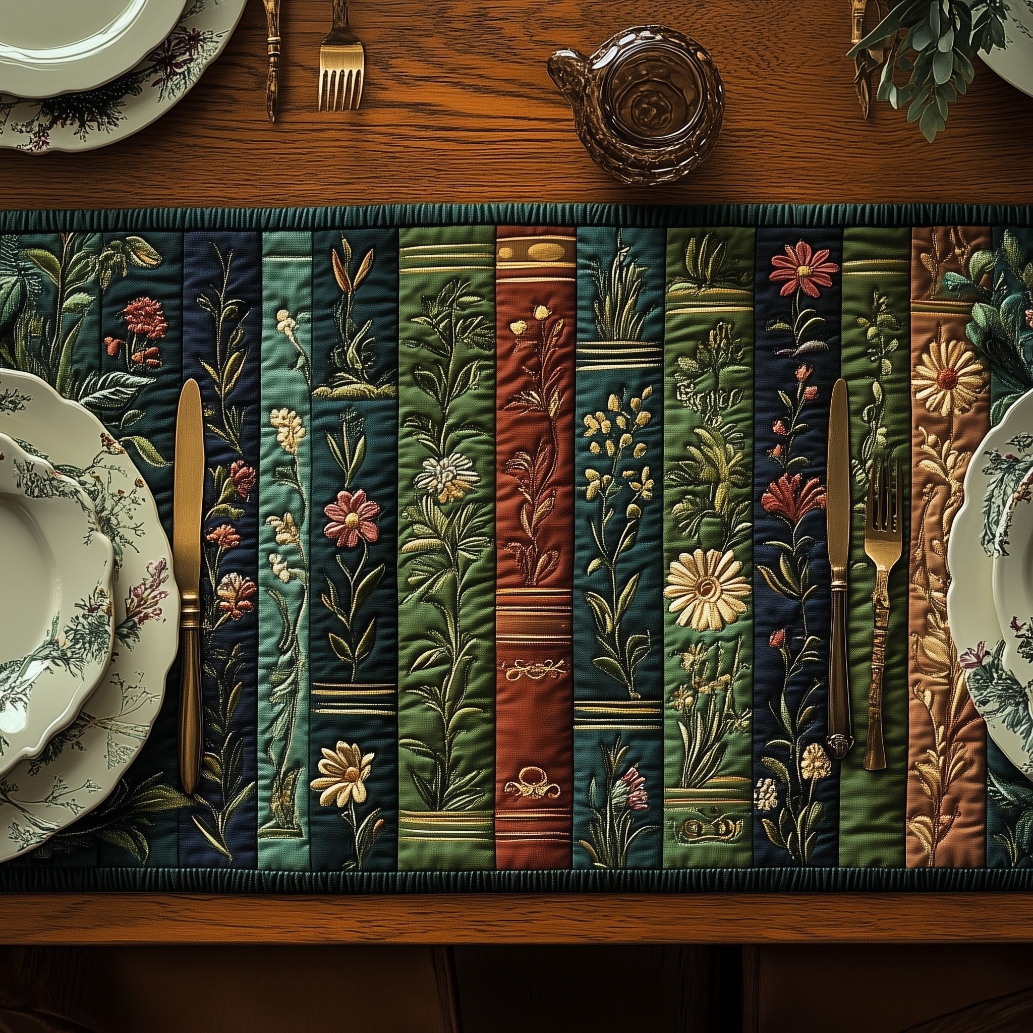 Wildflower Book Spines on Forest Green Table Runner