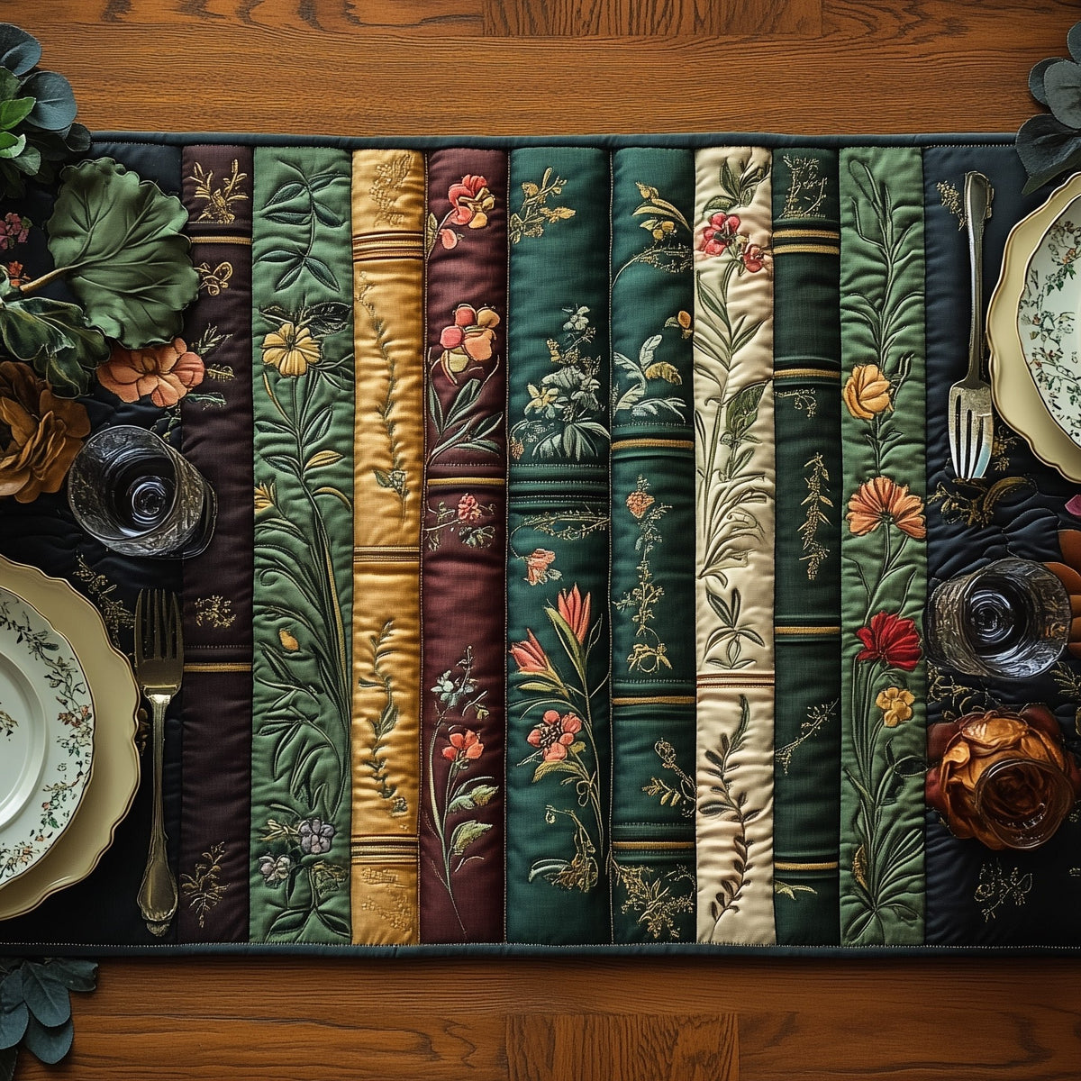 Vintage Book Spines with Blossoms Table Runner