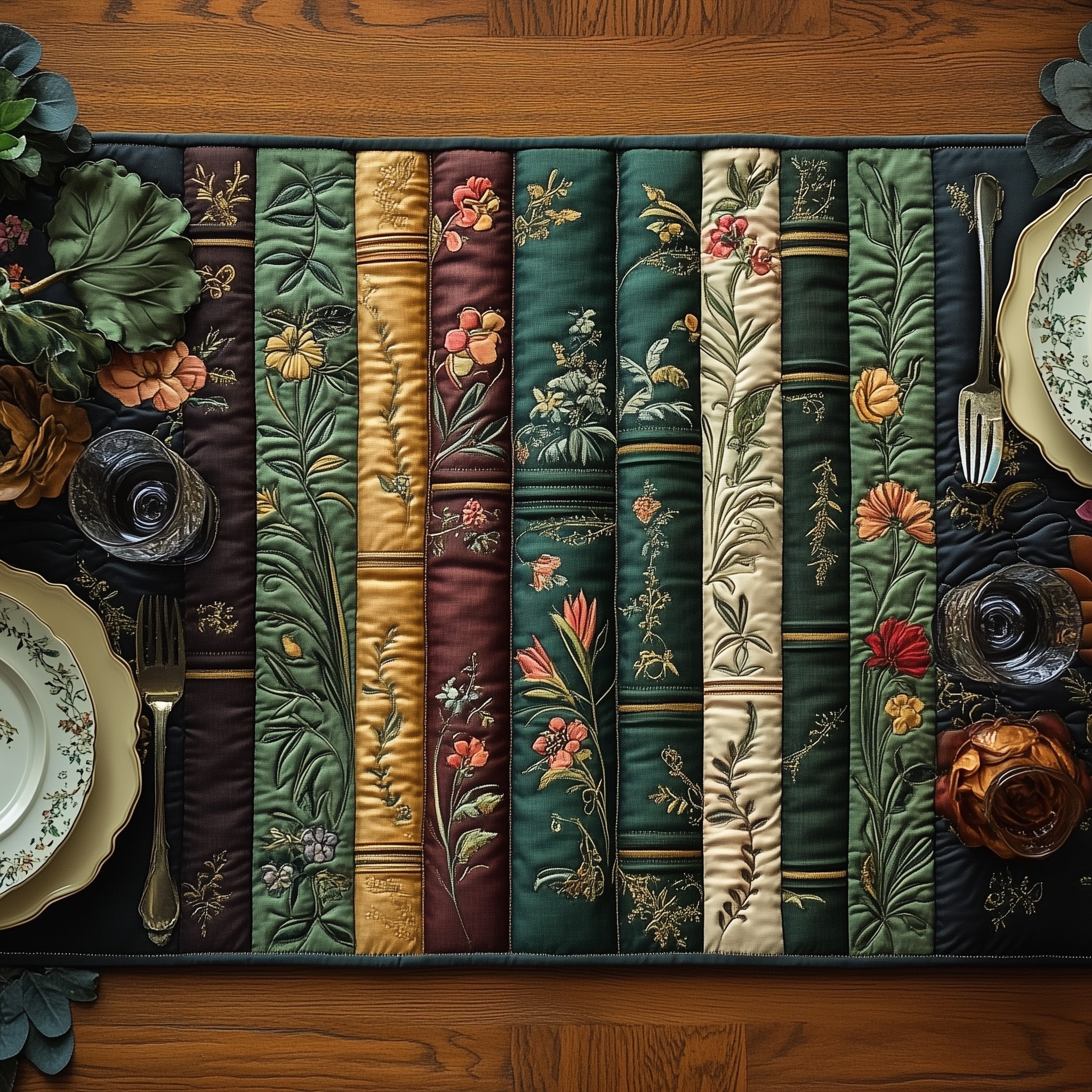 Vintage Book Spines with Blossoms Table Runner