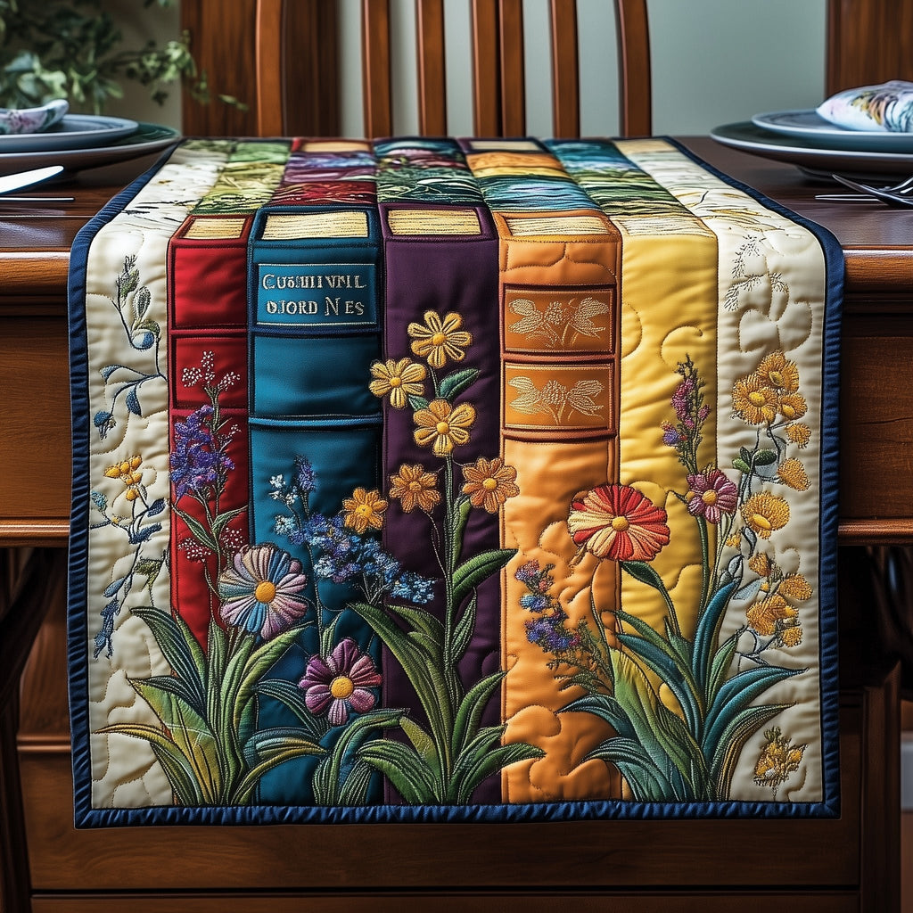 Cream Books with Purple Wildflowers Table Runner
