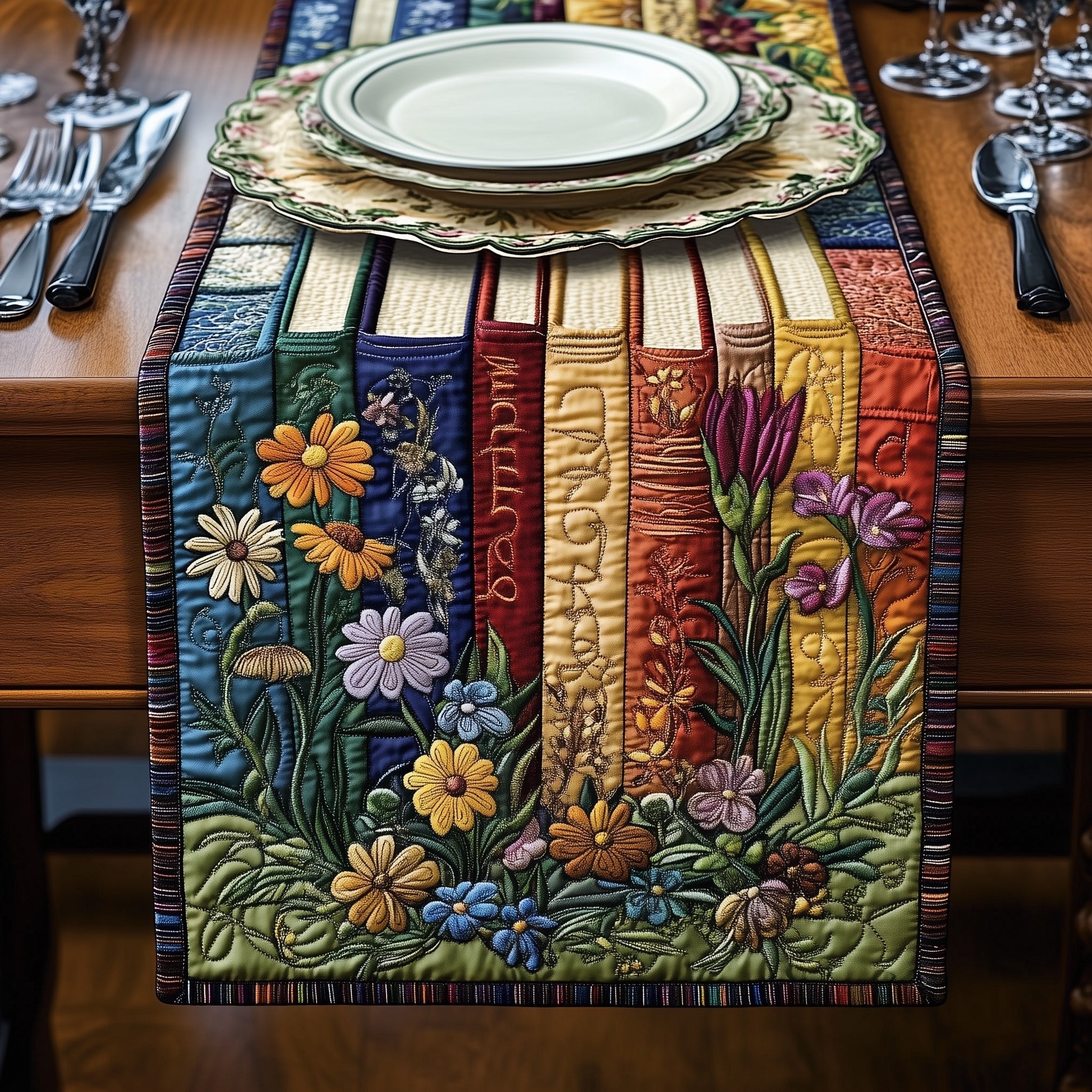 Book Spines Among Meadow Flowers Table Runner