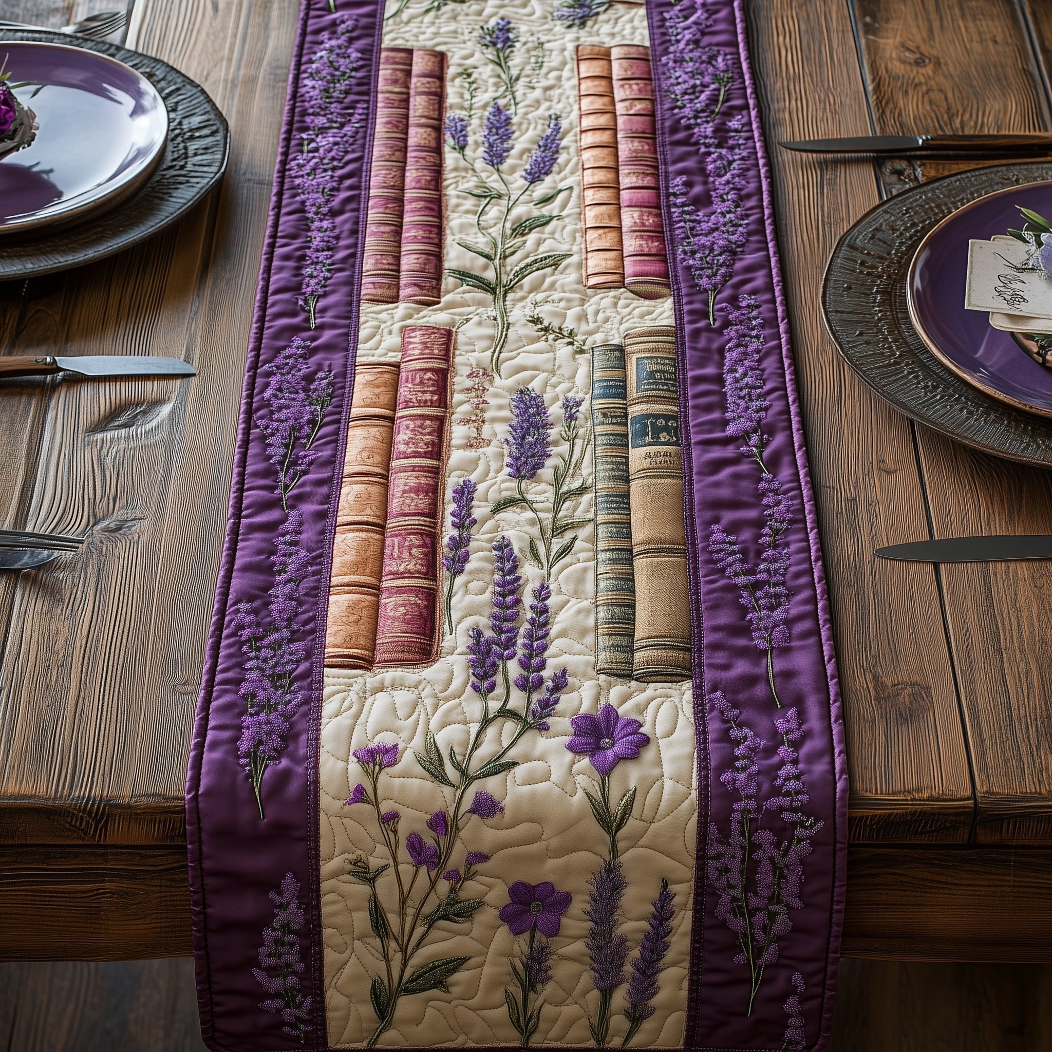 Lavender Sprigs Beside Book Spines Table Runner