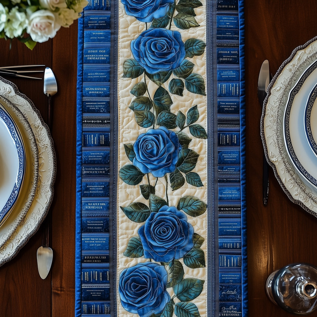 Blue Roses Among Blue Book Spines Table Runner