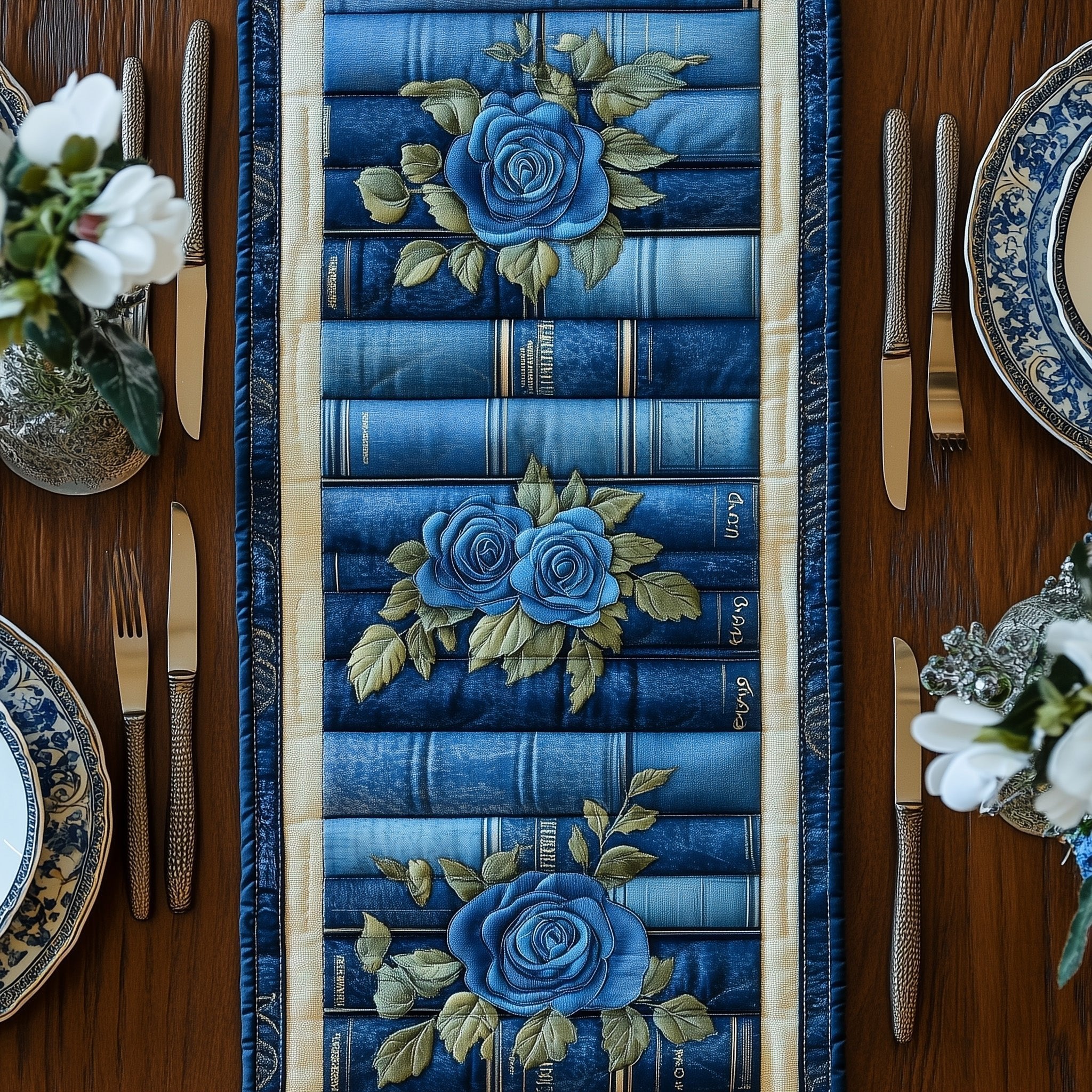 Blue Book Spines and Rose Blooms Table Runner