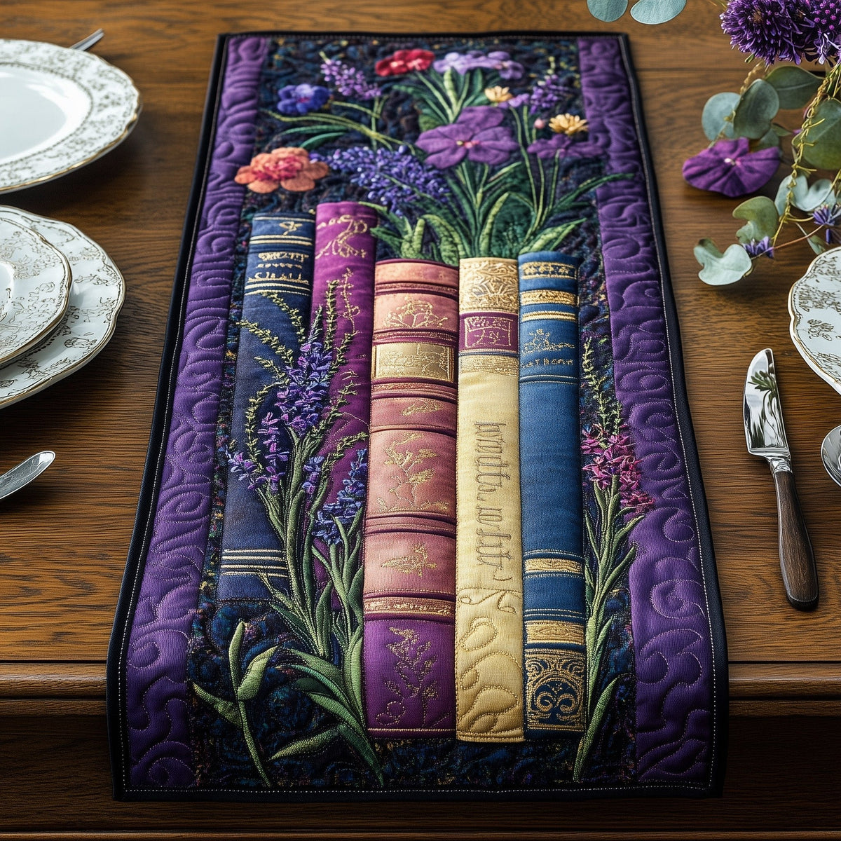 Purple Book Spines with Lavender Table Runner