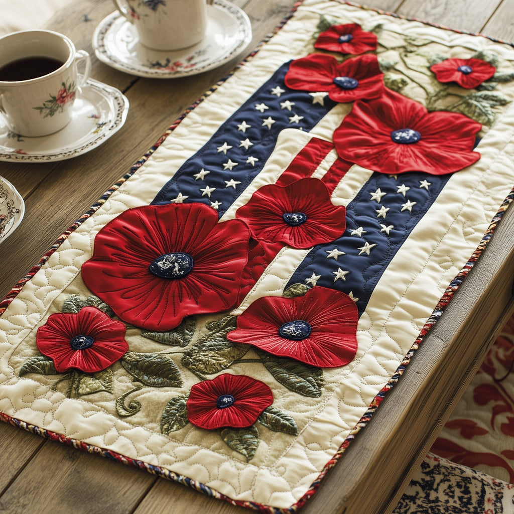 Red Poppies on Star Spangled Stripes Table Runner