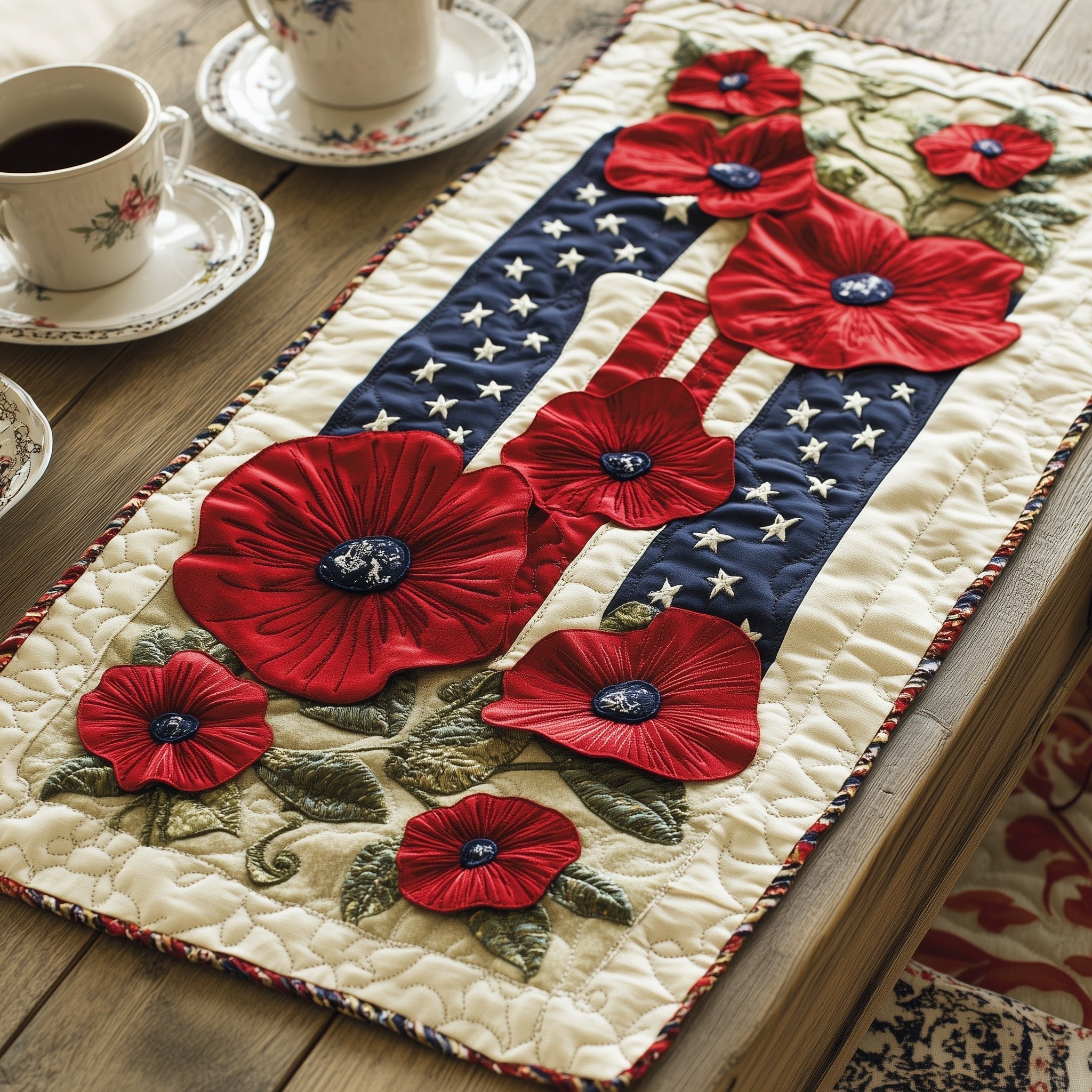 Red Poppies on Star Spangled Stripes Table Runner
