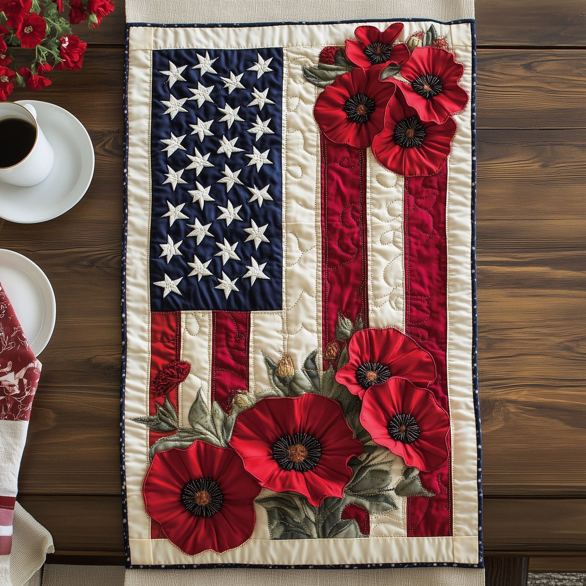 Poppy Bouquet on Flag Stripes Table Runner