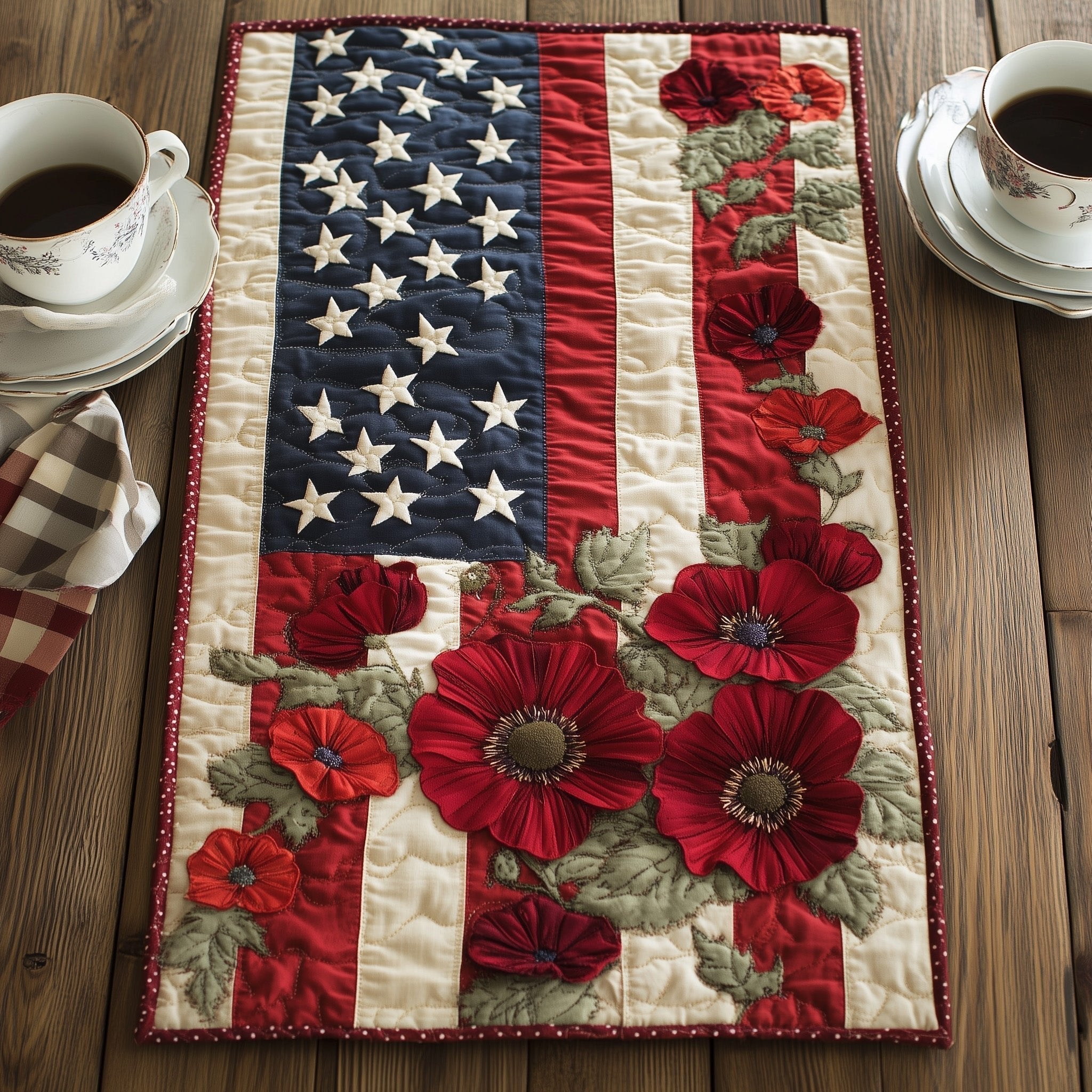 Red Poppies Across Stars and Stripes Table Runner