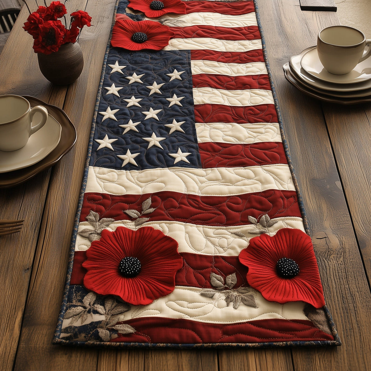 Poppies Along Red and White Stripes Table Runner