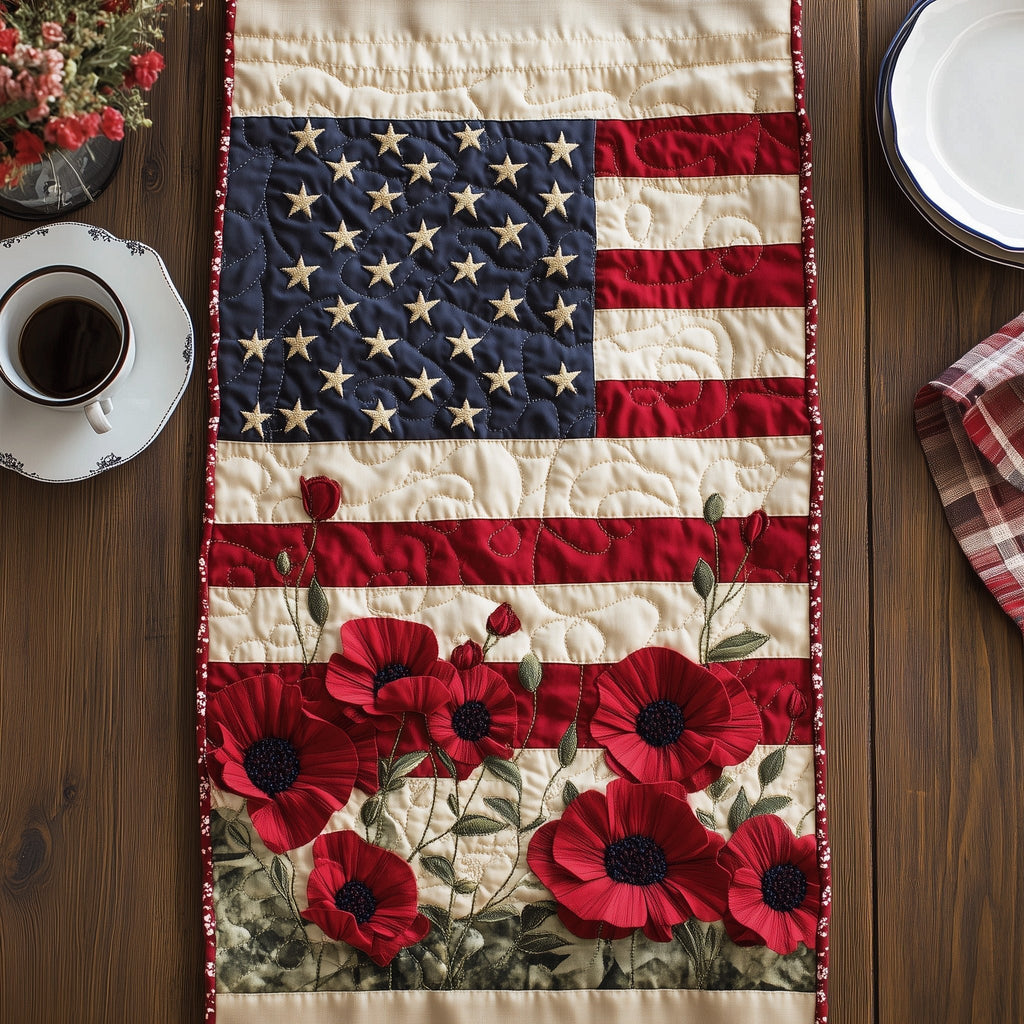 Scattered Poppies on Flag Stripes Table Runner