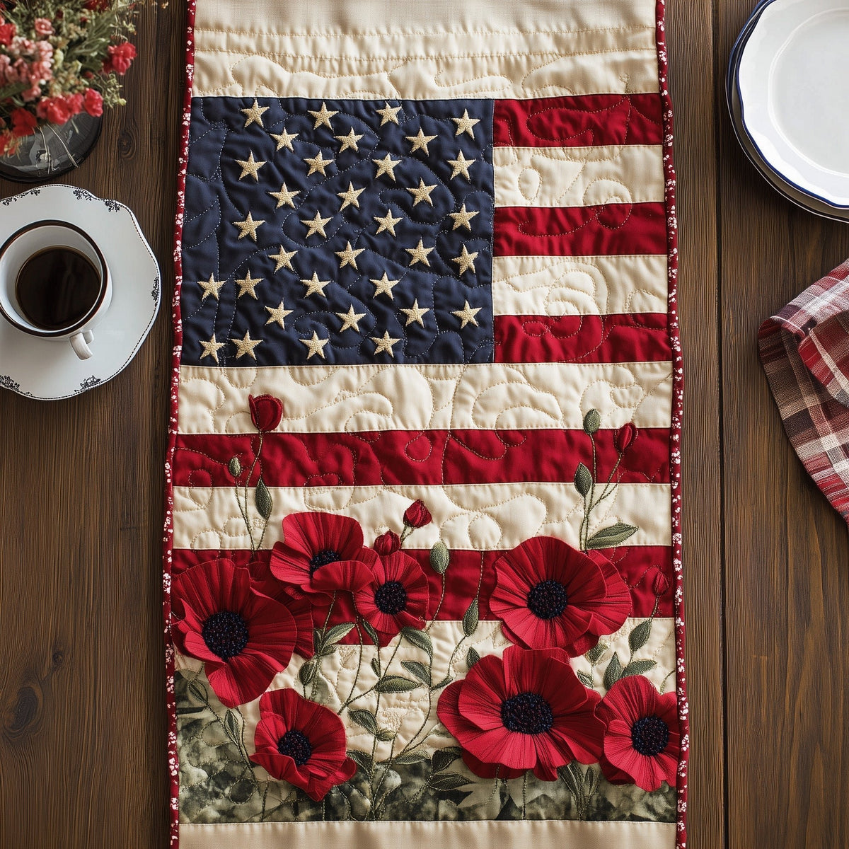 Scattered Poppies on Flag Stripes Table Runner