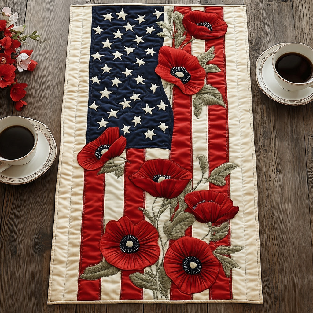 Poppies Beside Vertical Flag Stripes Table Runner