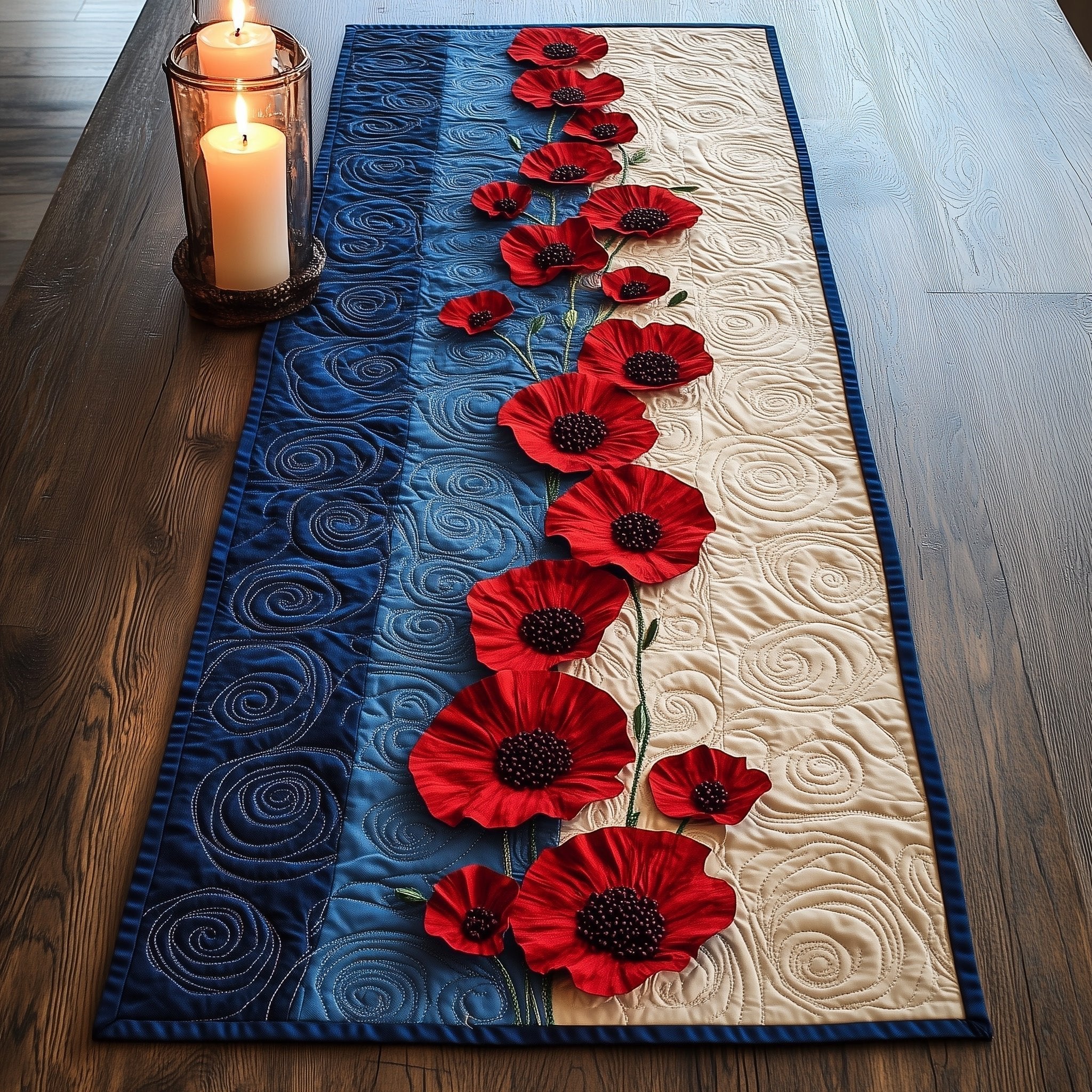 Red Poppies on Blue and Cream Table Runner