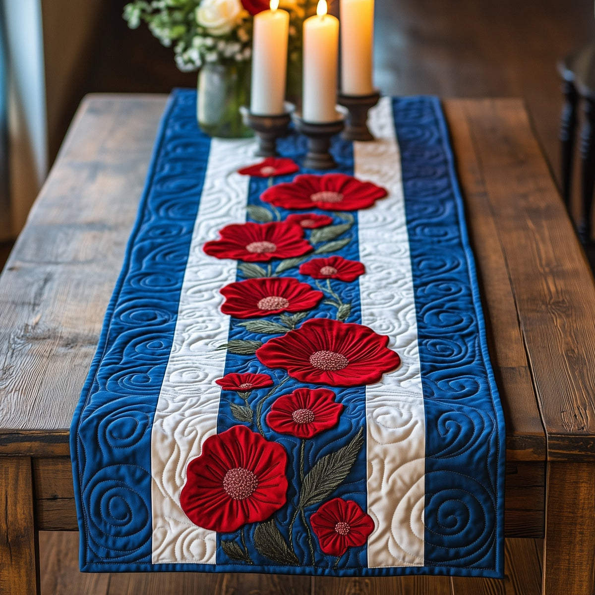 Poppy Stems on White Center Stripe Table Runner