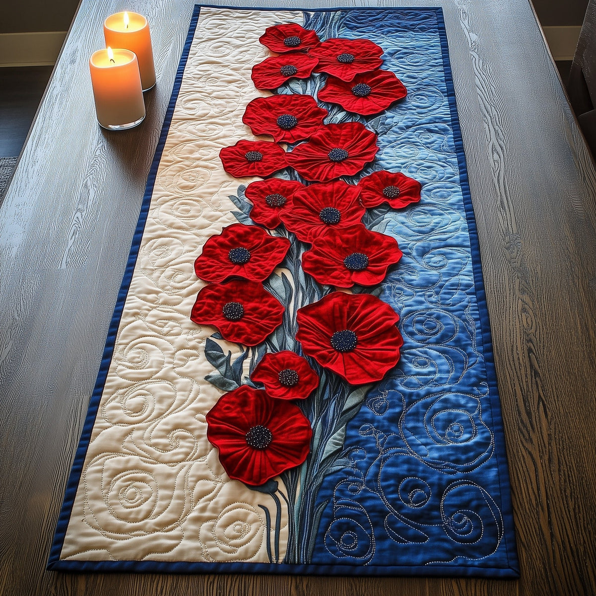 Red Poppies on Blue Swirl Border Table Runner