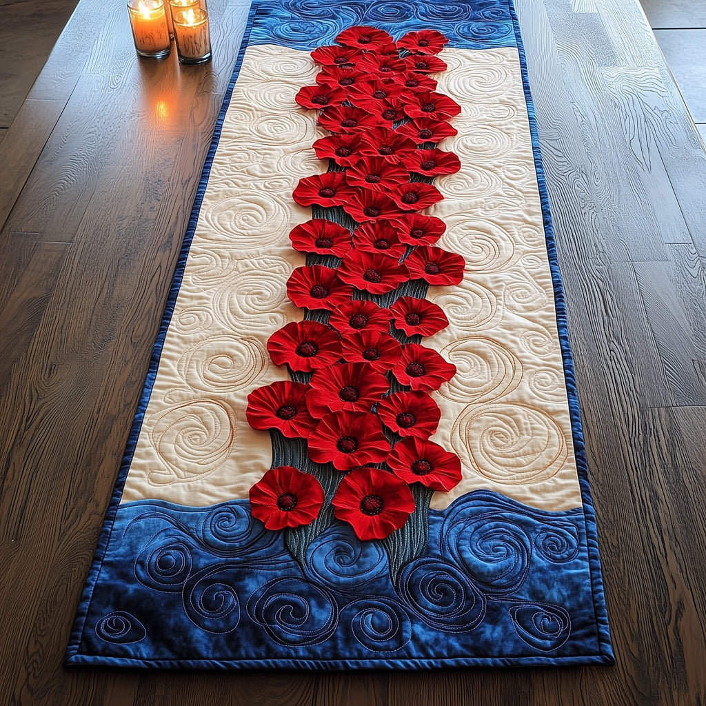 Poppy Cluster on Cream and Blue Table Runner