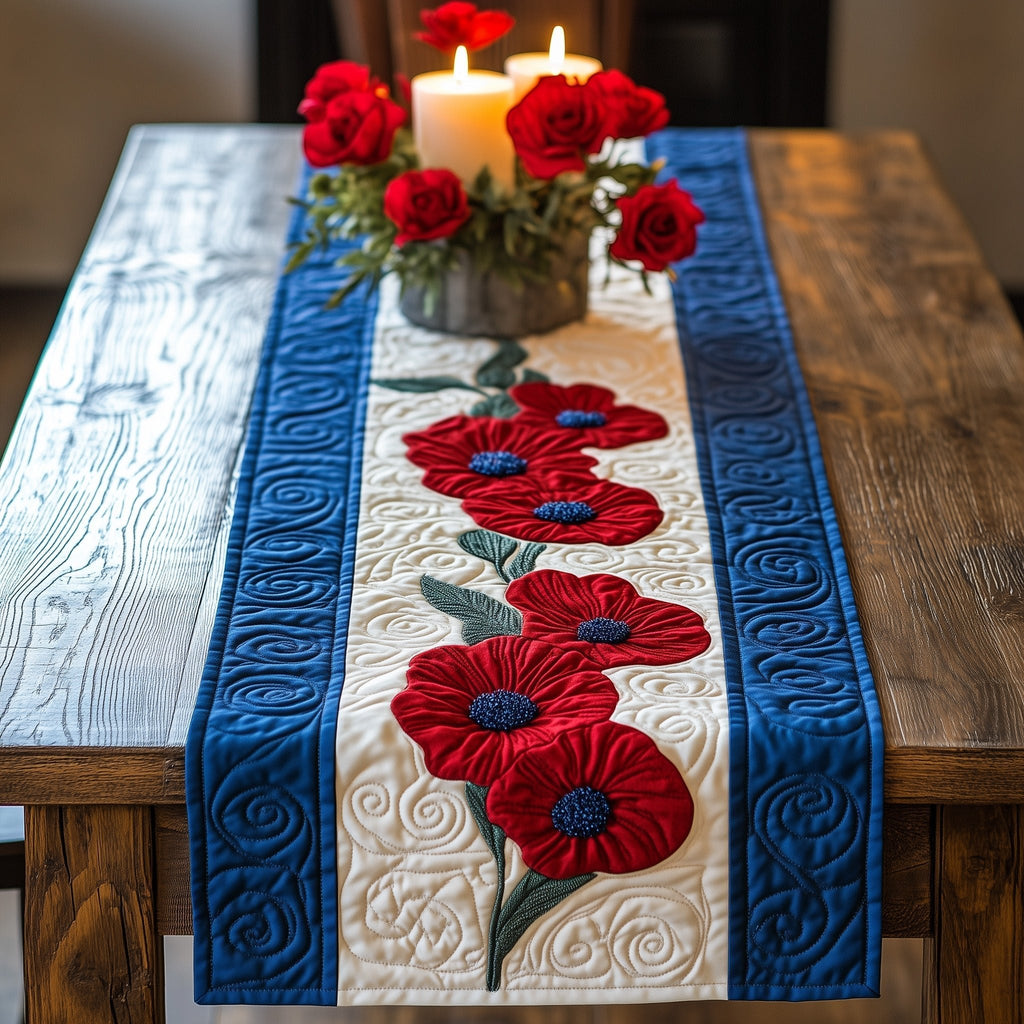 Red Poppy Bouquet on White Table Runner