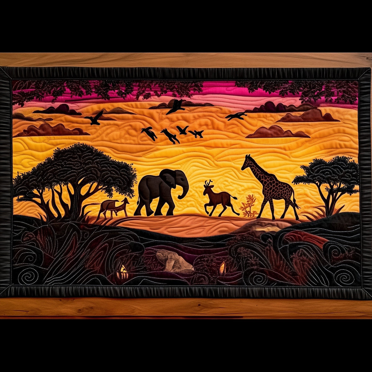 Savanna Sunset with Elephants and Giraffes Table Runner
