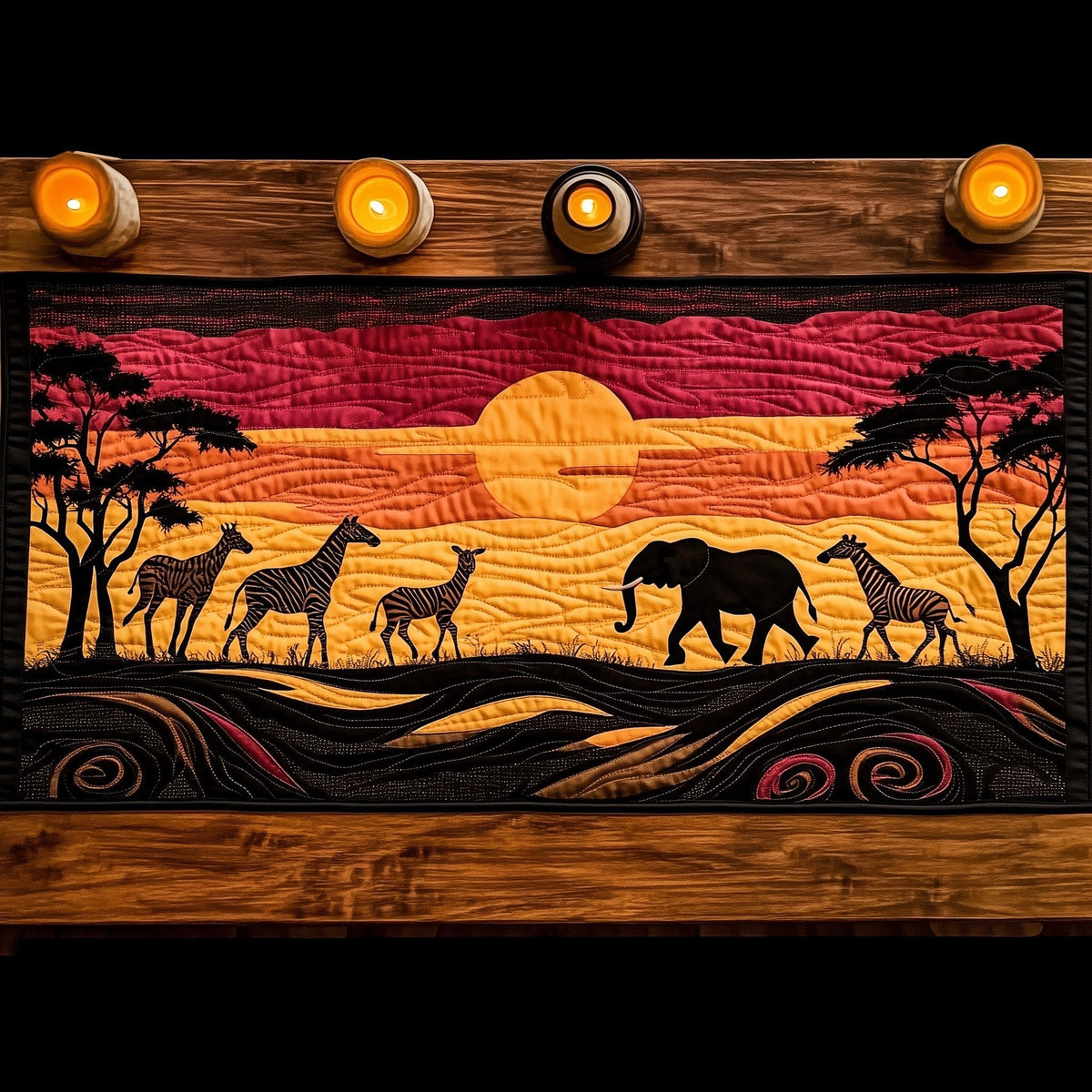 Savanna Silhouettes Under Crimson Sky Table Runner