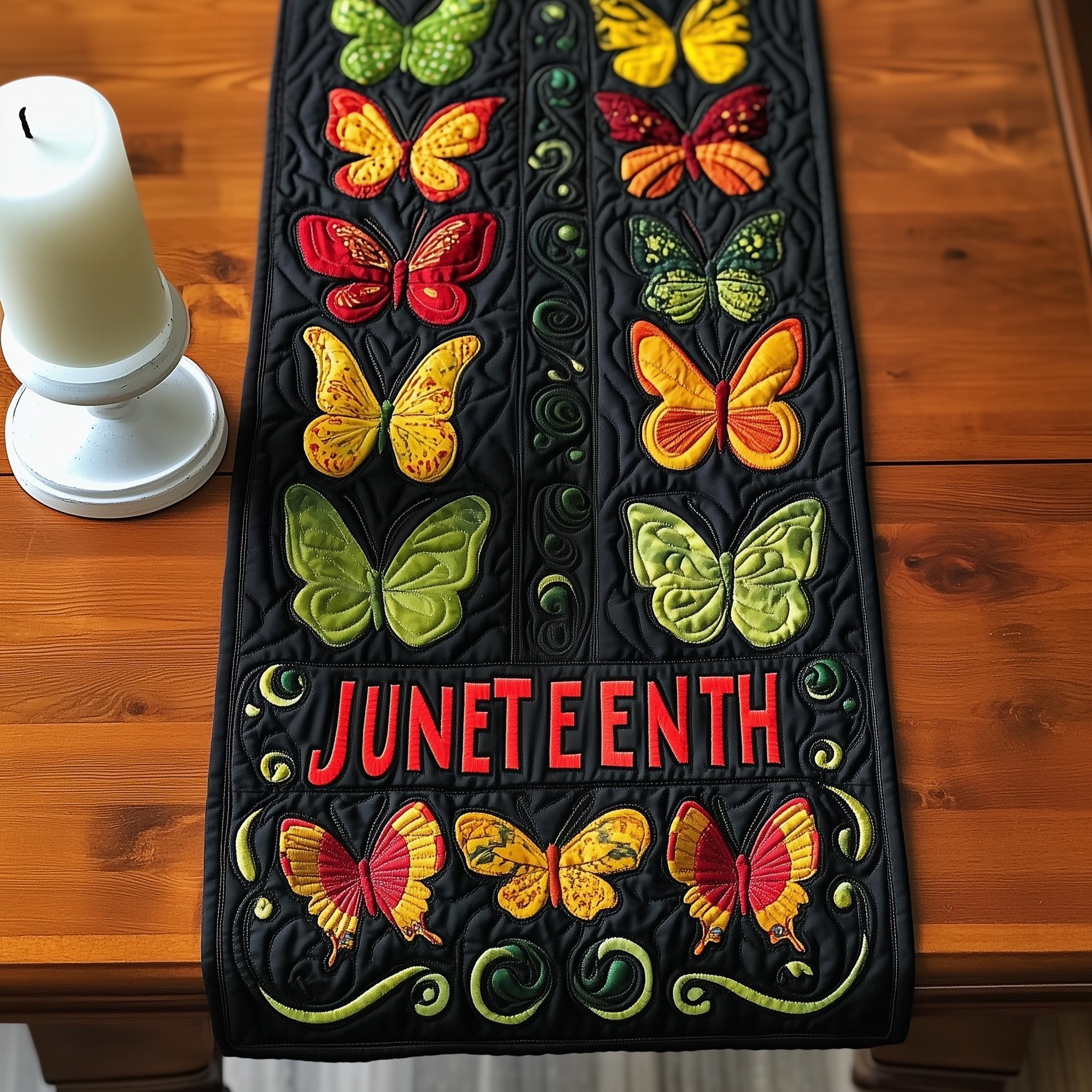 Juneteenth Butterflies on Black Table Runner