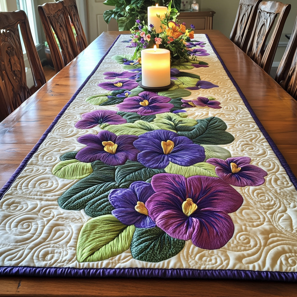 Purple Pansies with Green Leaves Table Runner