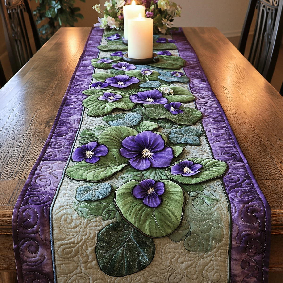 Purple Violets on Cream Panel Table Runner