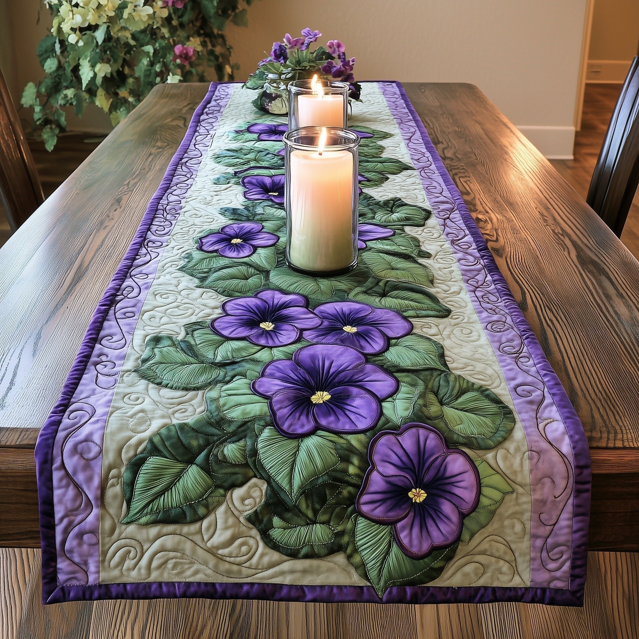 Large Purple Pansies on Cream Table Runner